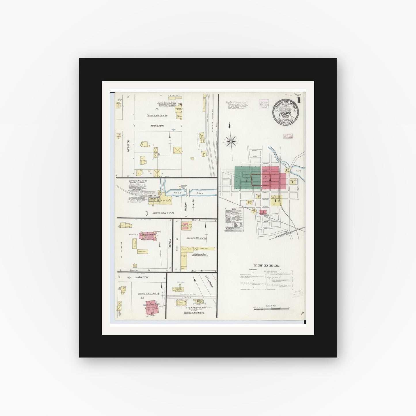 Old map wall art mockup β black gallery frame with white mat β Sanborn Fire Insurance Map from Homer, Calhoun County, Michigan (1907) - Complete Map Set