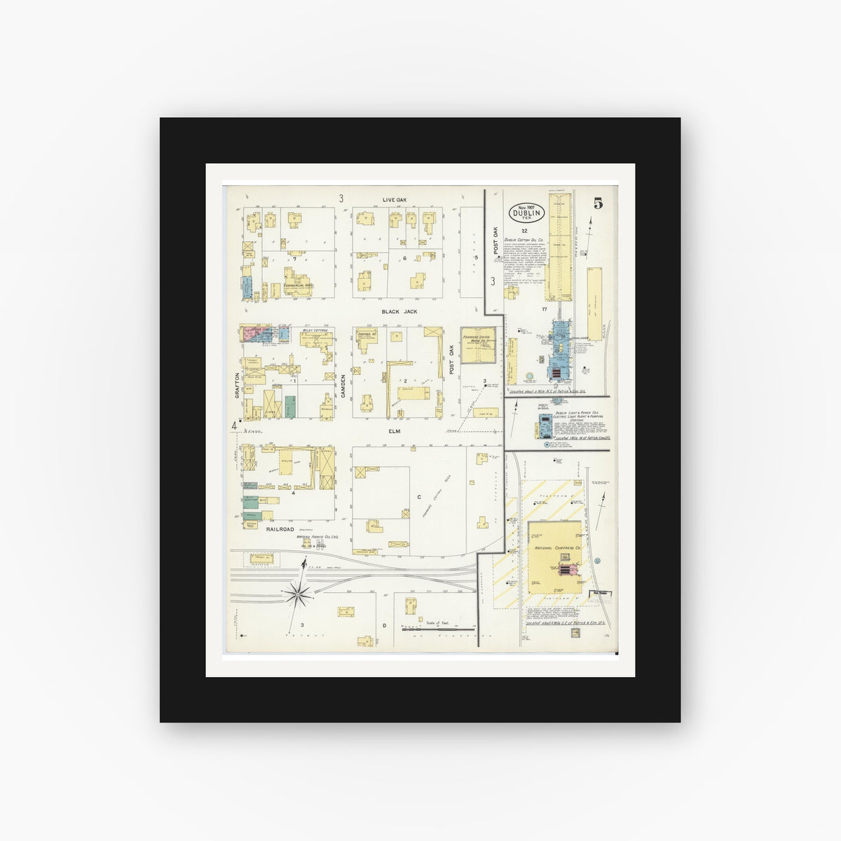 Old map wall art mockup — black gallery frame with white mat — Sanborn Fire Insurance Map from Dublin, Erath County, Texas (1907), Sheet #0005