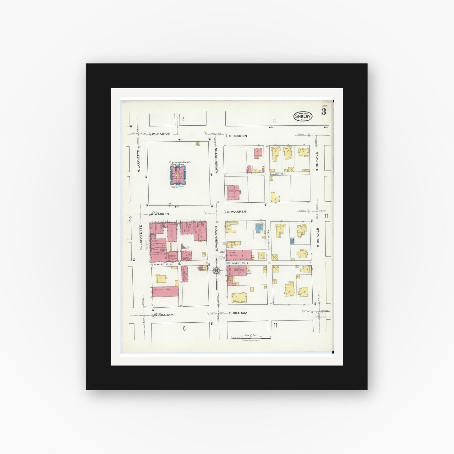 Old map wall art mockup — black gallery frame with white mat — Sanborn Fire Insurance Map from Shelby, Cleveland County, North Carolina (1921), Sheet #0003