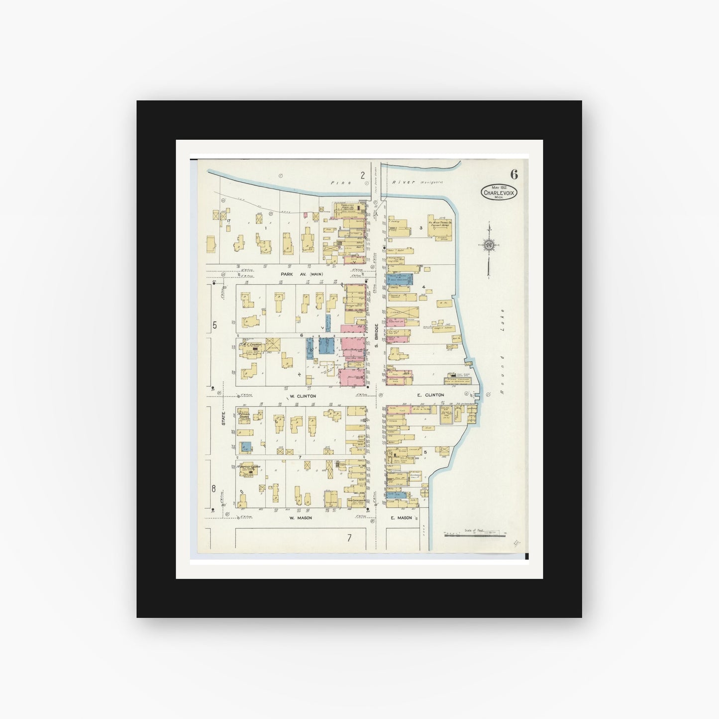 Old map wall art mockup — black gallery frame with white mat — Sanborn Fire Insurance Map from Charlevoix, Charlevoix County, Michigan (1912), Sheet #0006