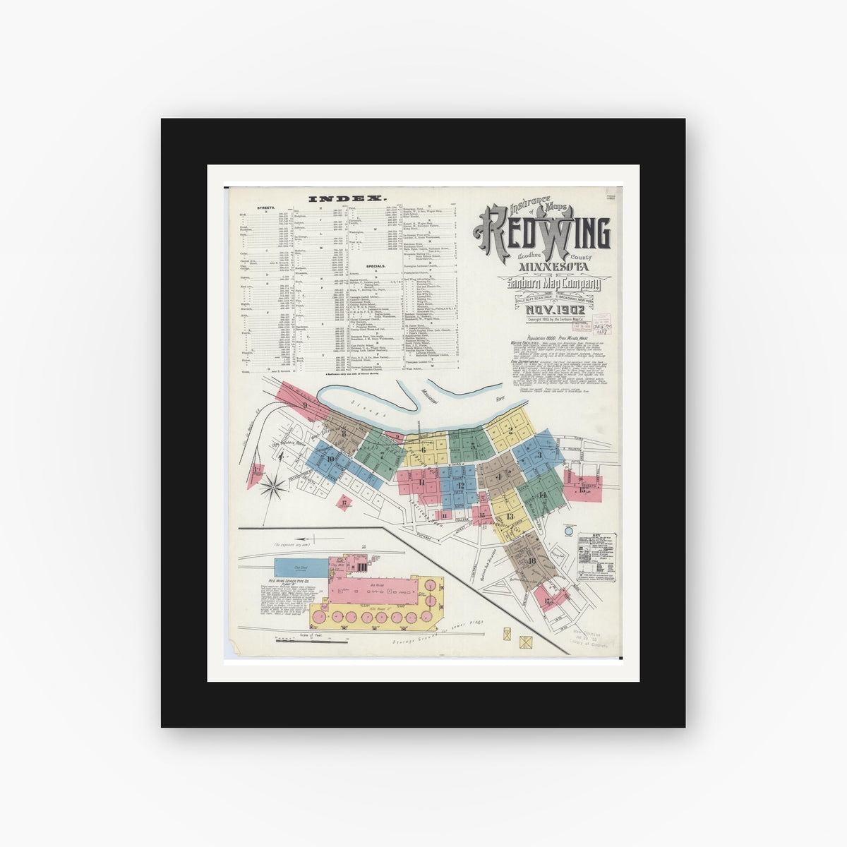 Old map wall art mockup — black gallery frame with white mat — Sanborn Fire Insurance Map from Red Wing, Goodhue County, Minnesota (1902), Sheet #0001