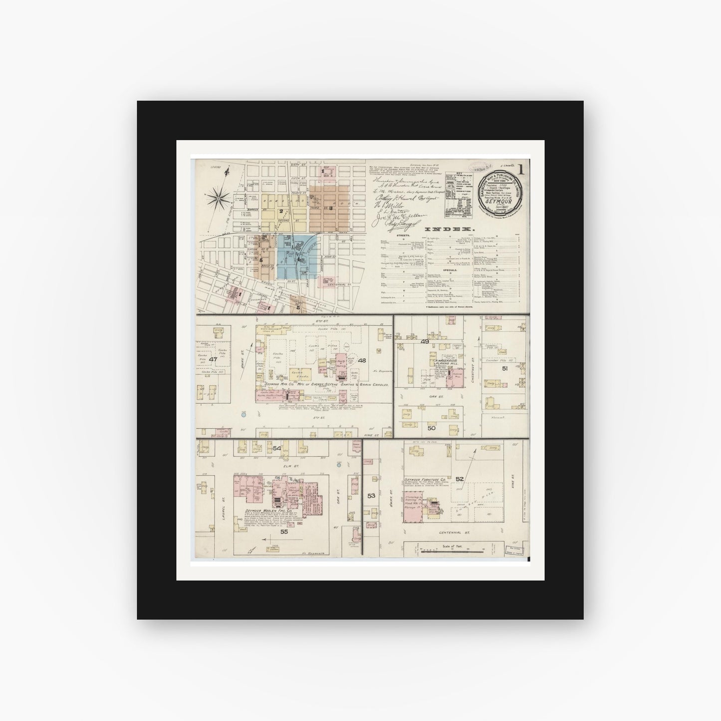 Old map wall art mockup — black gallery frame with white mat — Sanborn Fire Insurance Map from Seymour, Jackson County, Indiana (1887) - Complete Map Set