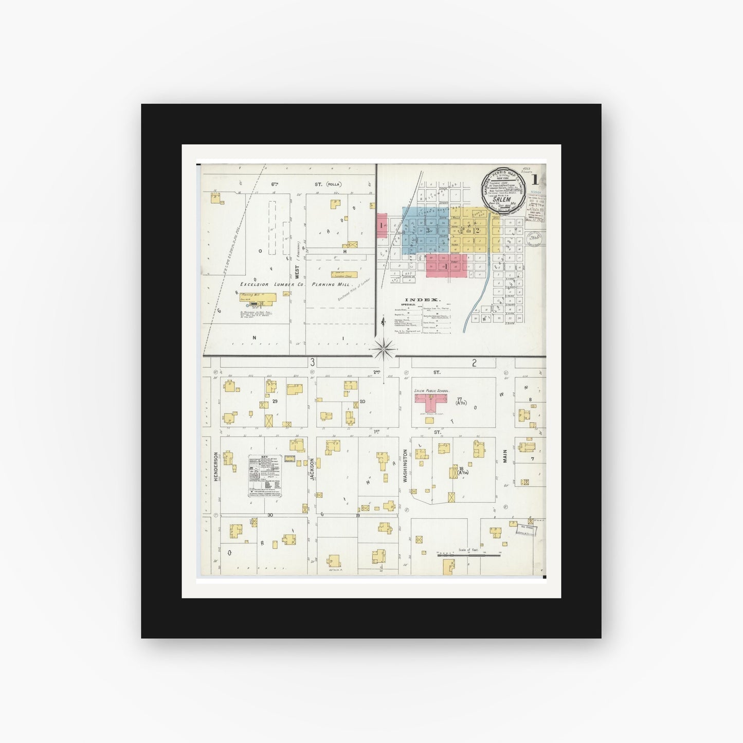 Old map wall art mockup β black gallery frame with white mat β Sanborn Fire Insurance Map from Salem, Dent County, Missouri (1900) - Complete Map Set