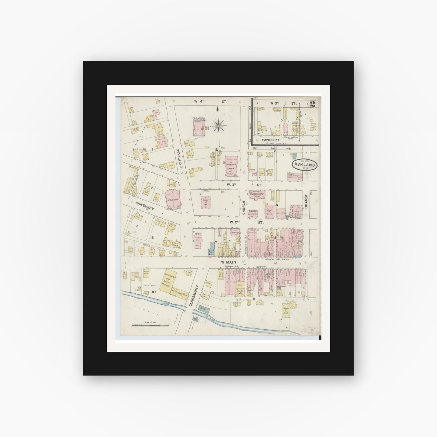 Old map wall art mockup — black gallery frame with white mat — Sanborn Fire Insurance Map from Ashland, Ashland County, Ohio (1888), Sheet #0002