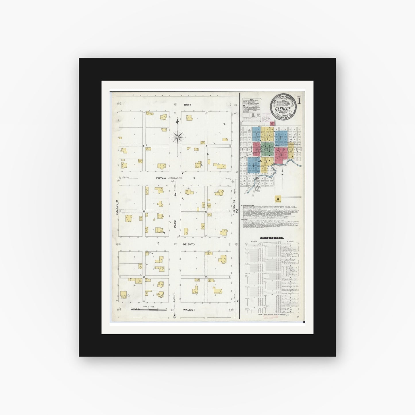 Old map wall art mockup — black gallery frame with white mat — Sanborn Fire Insurance Map from Glencoe, Mcleod County, Minnesota (1908), Sheet #0001
