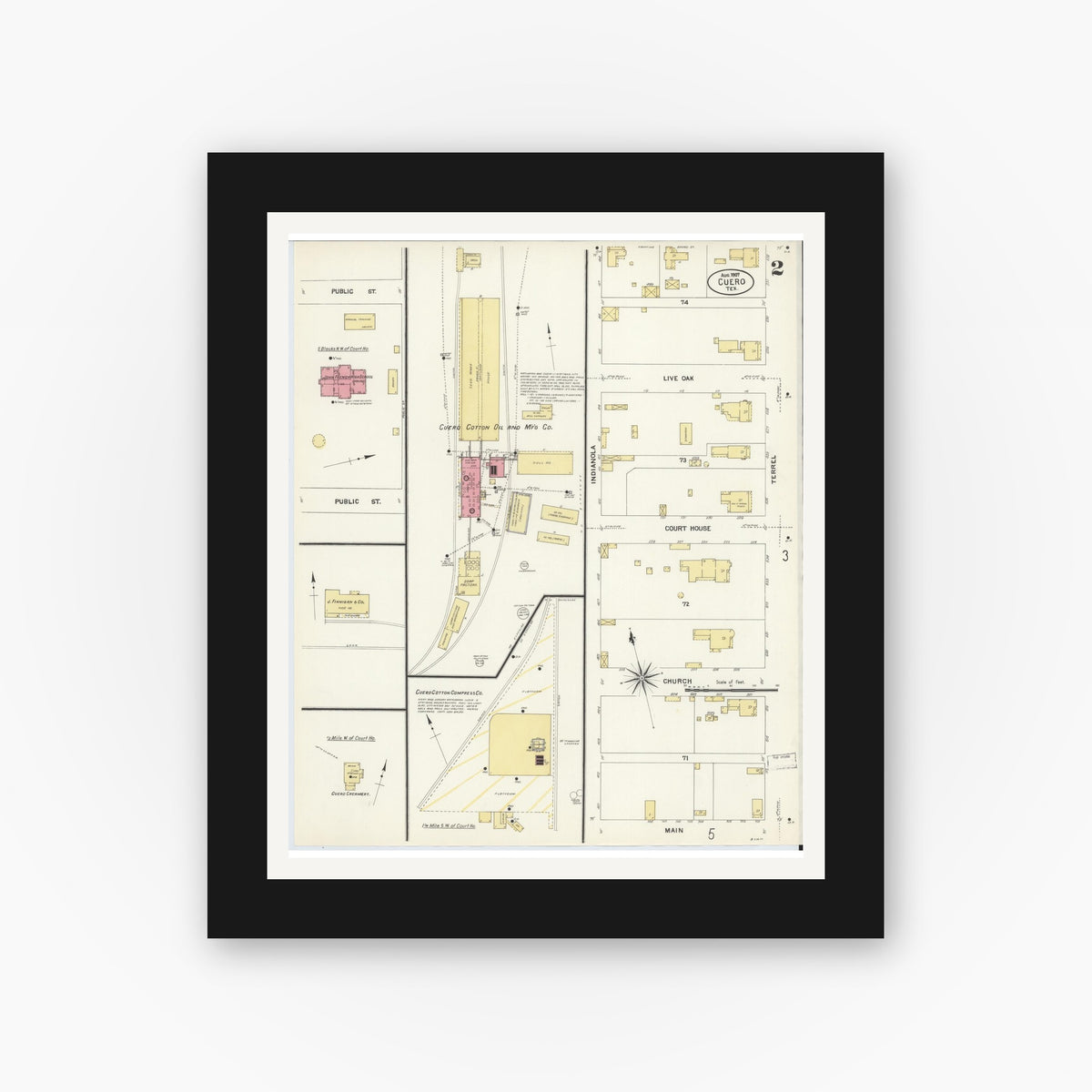 Old map wall art mockup — black gallery frame with white mat — Sanborn Fire Insurance Map from Cuero, De Witt County, Texas (1907), Sheet #0002