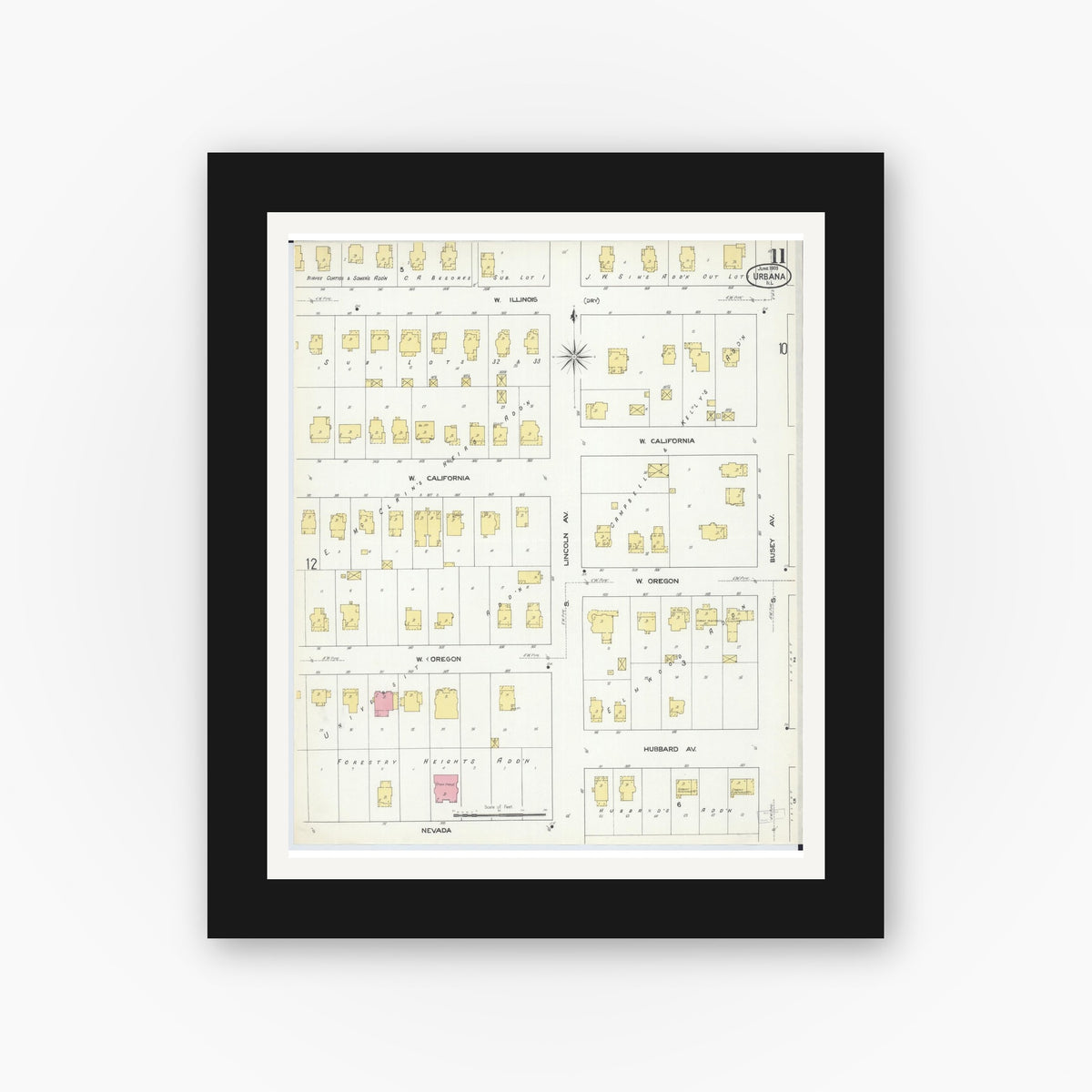 Old map wall art mockup — black gallery frame with white mat — Sanborn Fire Insurance Map from Urbana, Champaign County, Illinois (1909), Sheet #0011