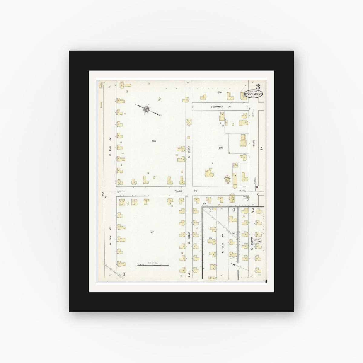 Old map wall art mockup — black gallery frame with white mat — Sanborn Fire Insurance Map from Rocky Mount, Edgecombe And Nash Counties, North Carolina (1912), Sheet #0003