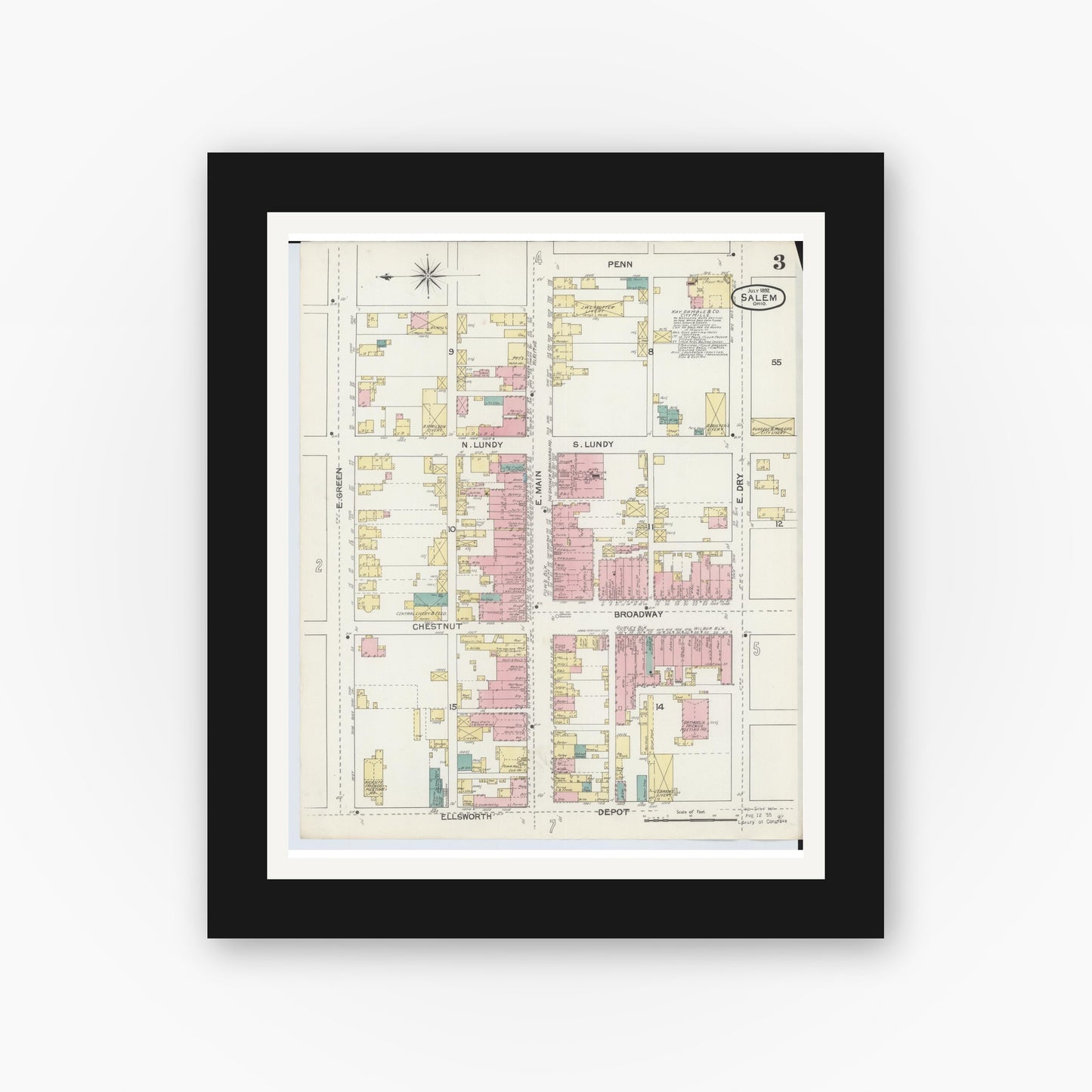 Old map wall art mockup — black gallery frame with white mat — Sanborn Fire Insurance Map from Salem, Columbiana County, Ohio (1892), Sheet #0003