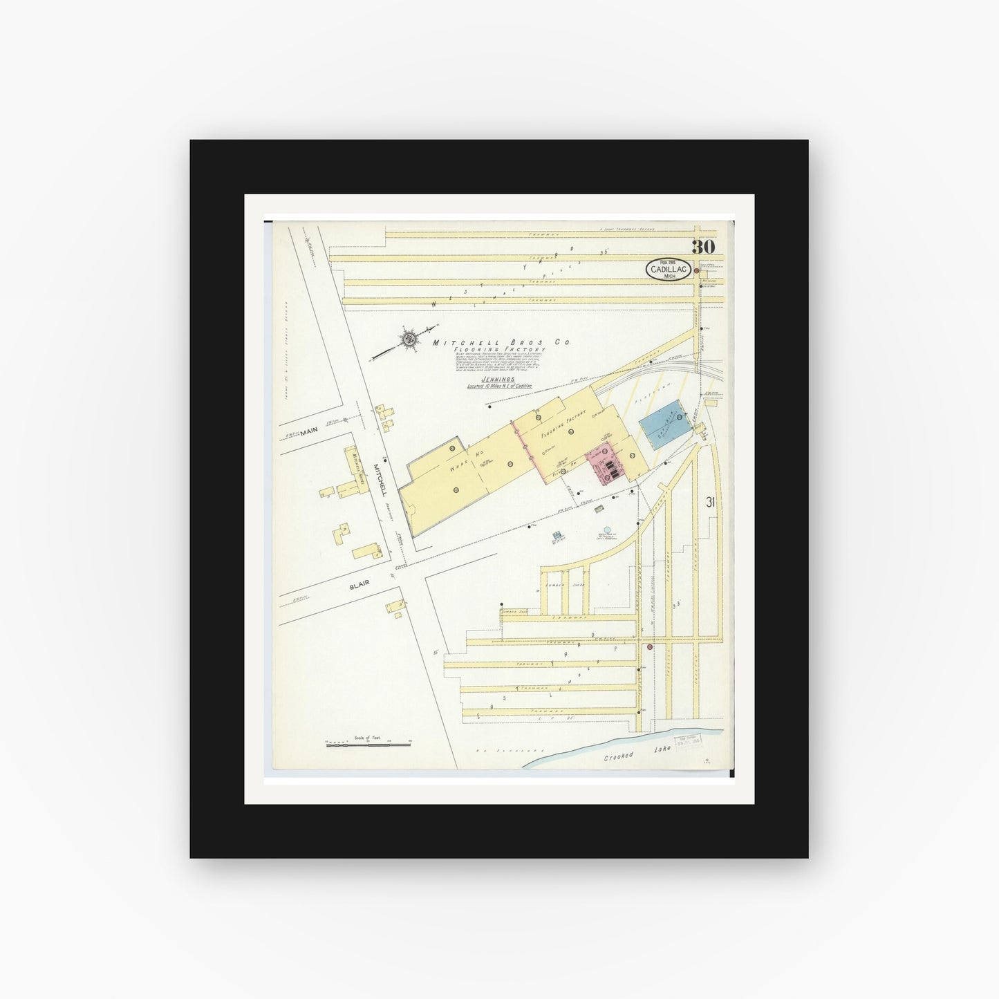 Old map wall art mockup — black gallery frame with white mat — Sanborn Fire Insurance Map from Cadillac, Wexford County, Michigan (1914), Sheet #0030