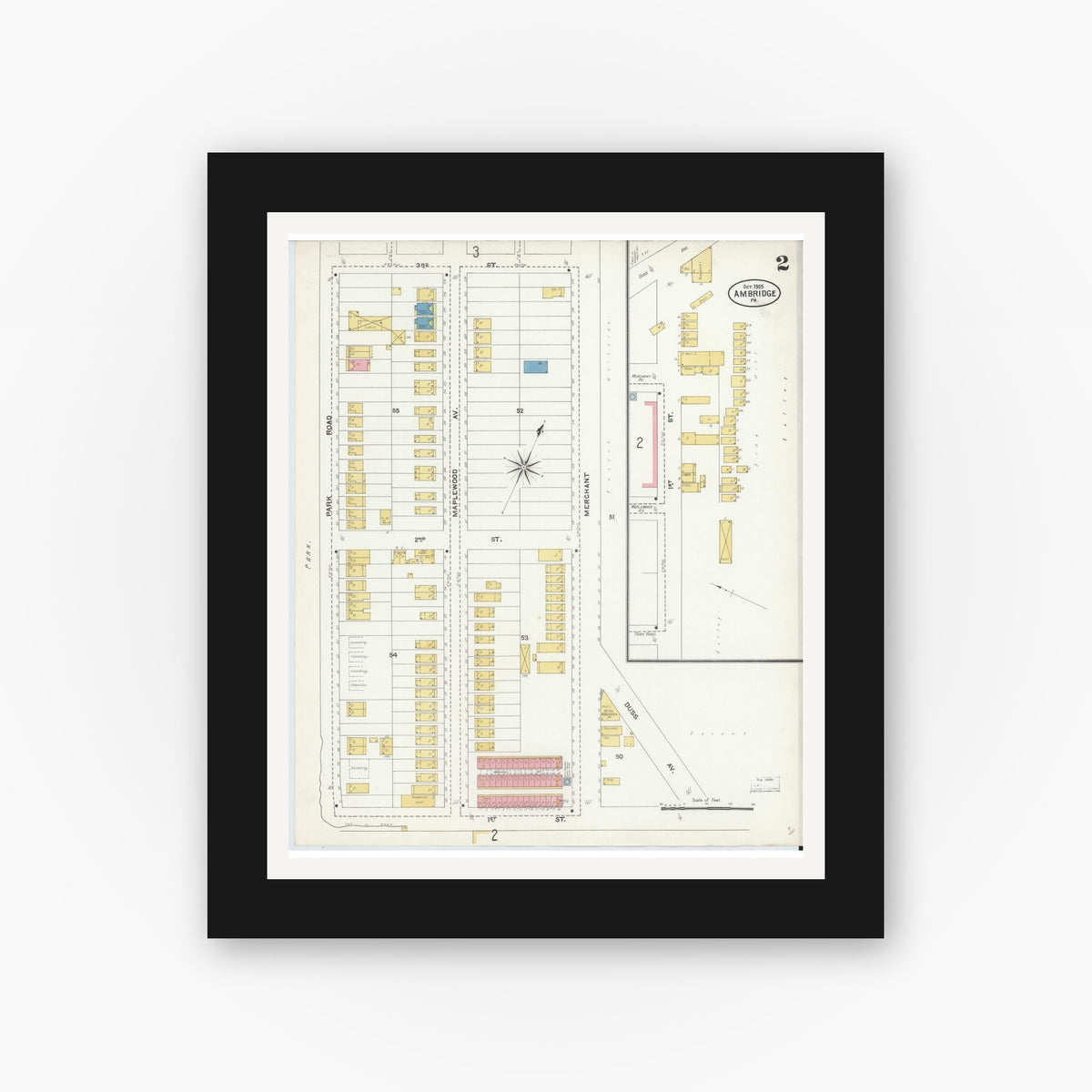 Old map wall art mockup β black gallery frame with white mat β Sanborn Fire Insurance Map from Ambridge, Beaver County, Pennsylvania (1905), Sheet #0002