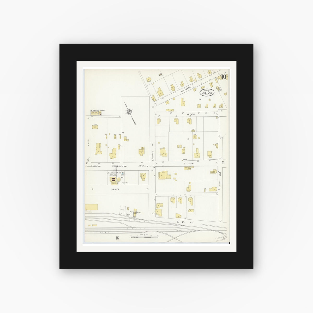 Old map wall art mockup — black gallery frame with white mat — Sanborn Fire Insurance Map from Live Oak, Suwanee County, Florida (1912), Sheet #0010