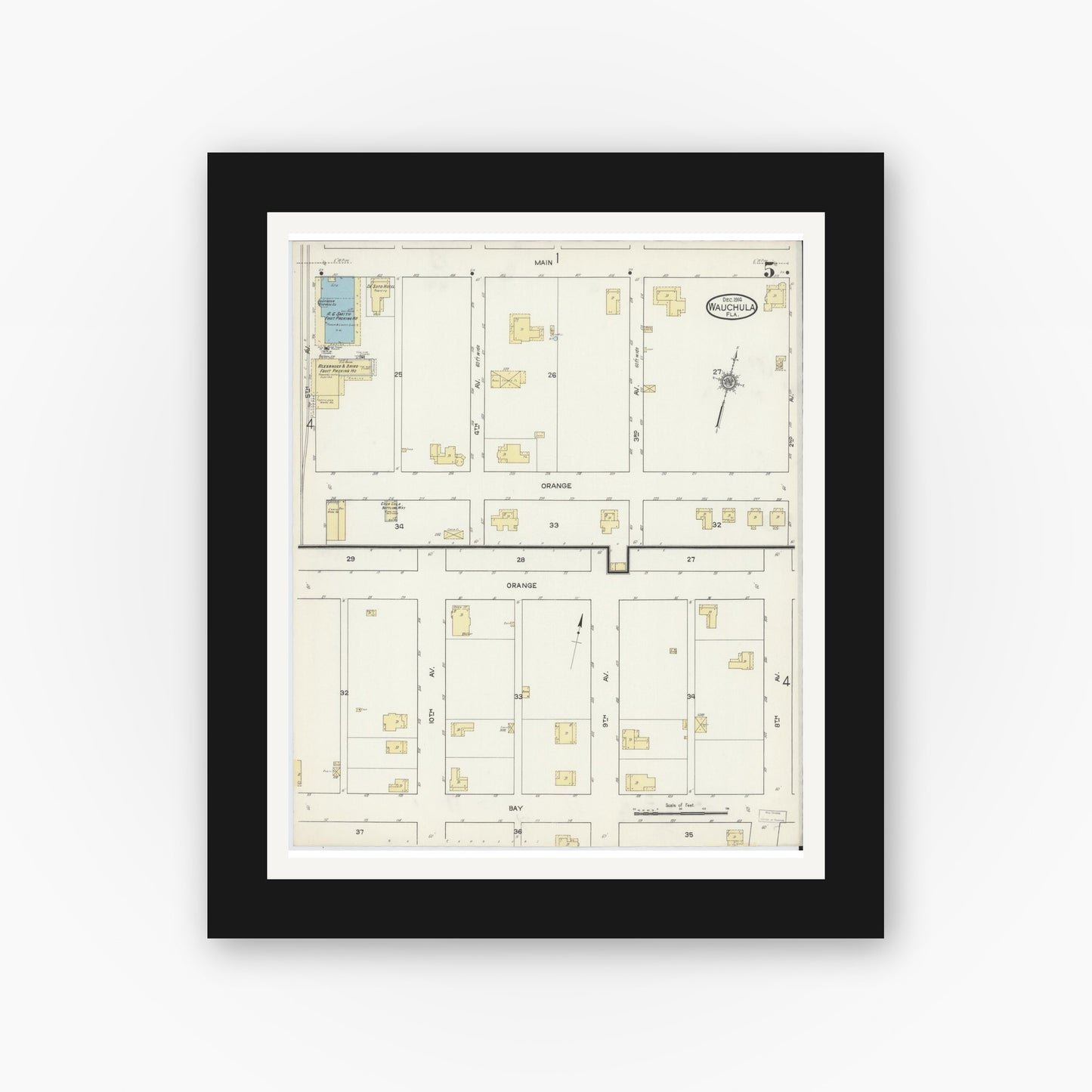 Old map wall art mockup — black gallery frame with white mat — Sanborn Fire Insurance Map from Wauchula, Hardee County, Florida (1914), Sheet #0005