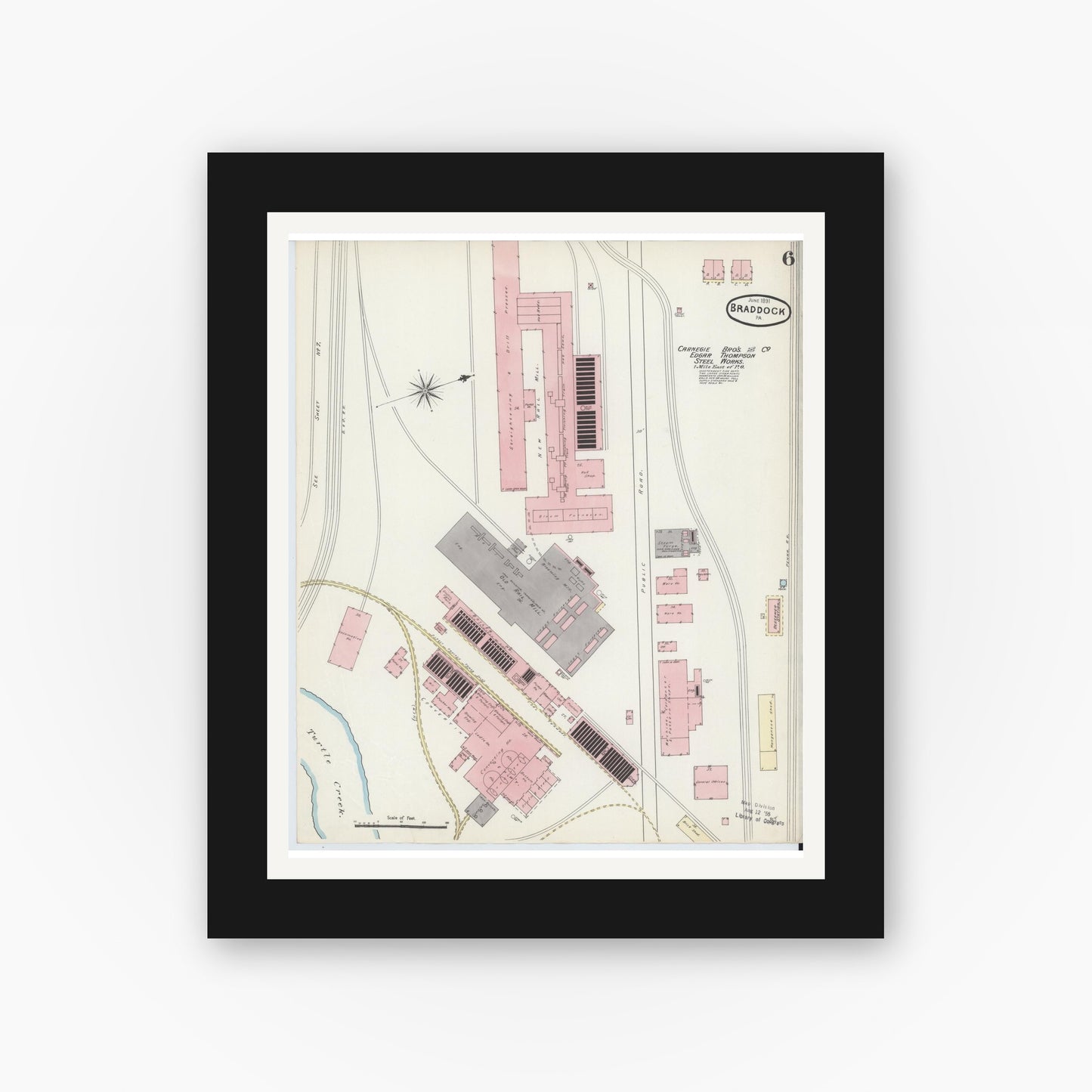 Old map wall art mockup — black gallery frame with white mat — Sanborn Fire Insurance Map from Braddock, Allegheny County, Pennsylvania (1891), Sheet #0006