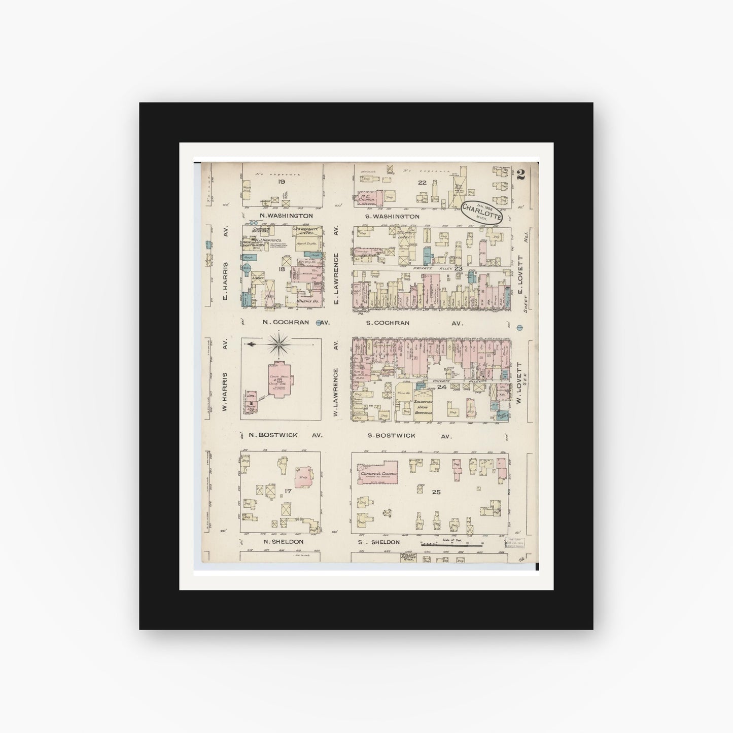 Old map wall art mockup — black gallery frame with white mat — Sanborn Fire Insurance Map from Charlotte, Eaton County, Michigan (1886), Sheet #0002
