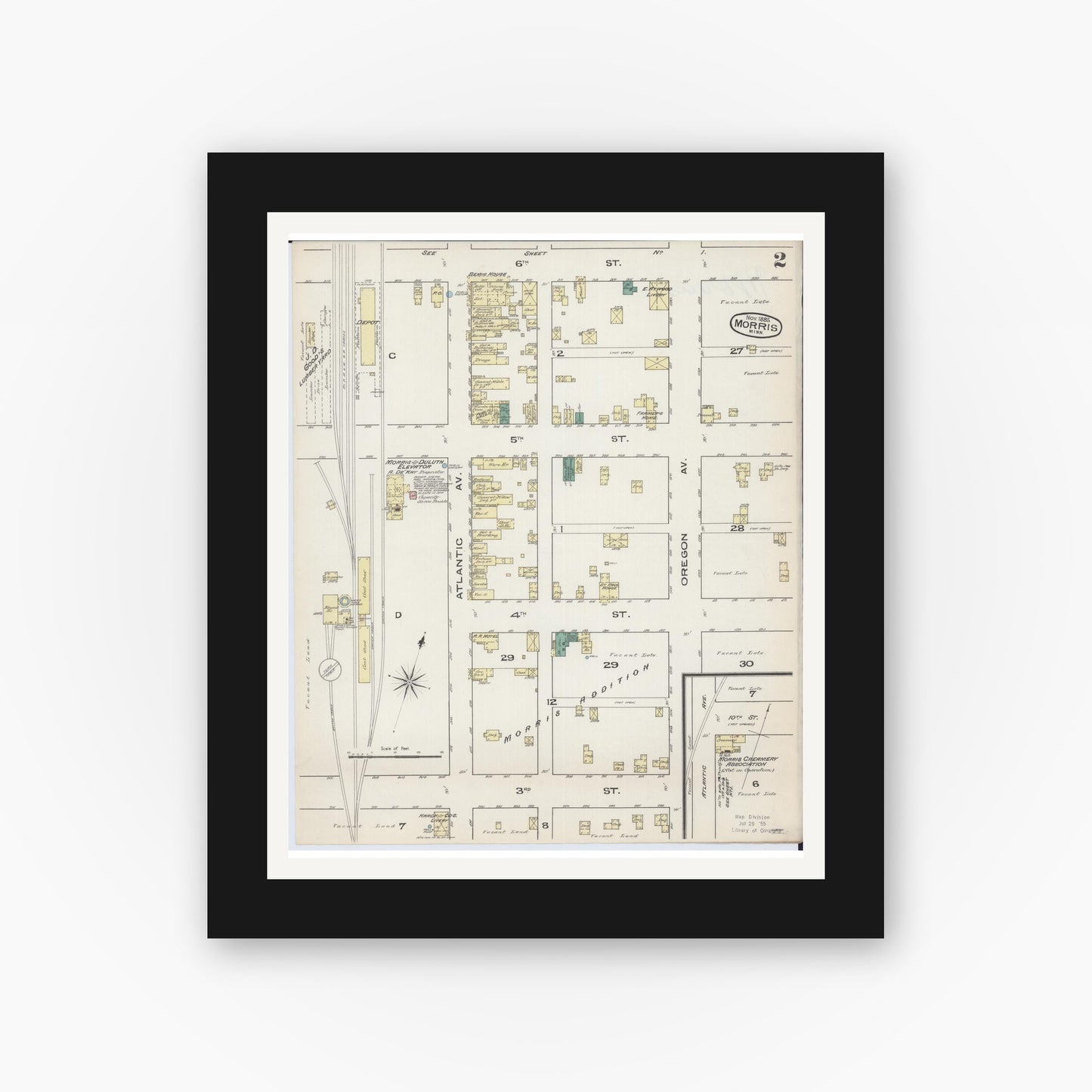 Old map wall art mockup — black gallery frame with white mat — Sanborn Fire Insurance Map from Morris, Stevens County, Minnesota (1885), Sheet #0002