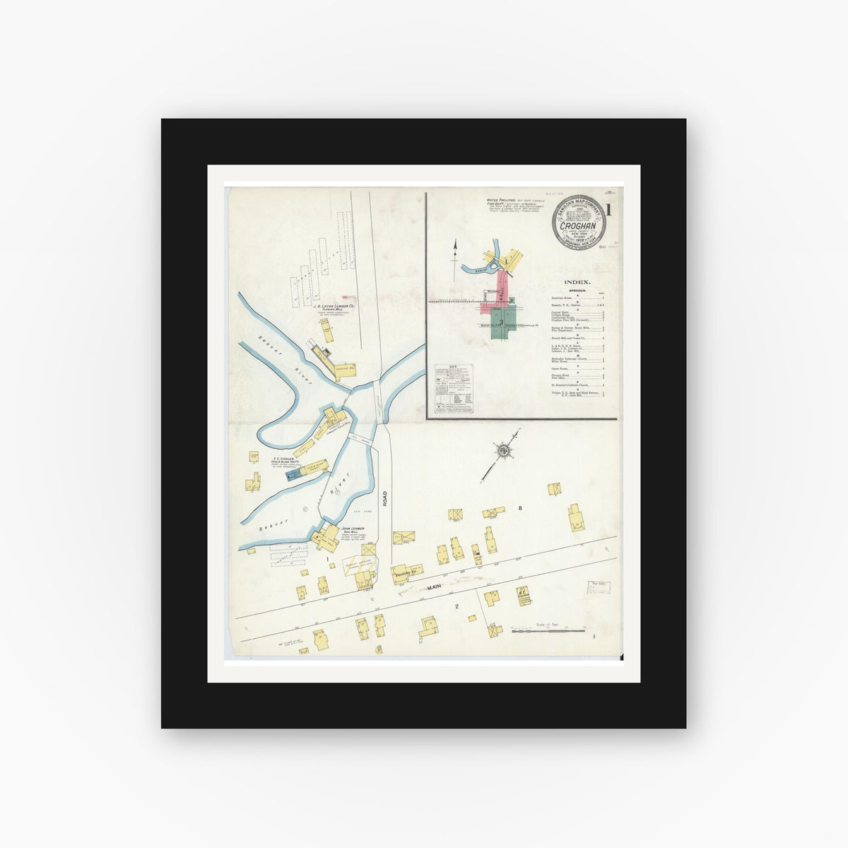 Old map wall art mockup — black gallery frame with white mat — Sanborn Fire Insurance Map from Croghan, Lewis County, New York (1909) - Complete Map Set