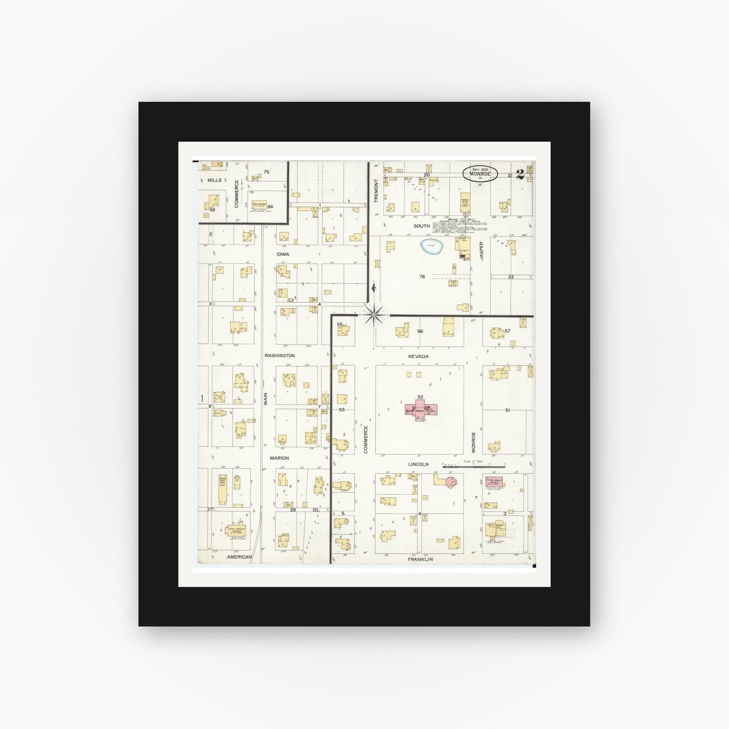 Old map wall art mockup — black gallery frame with white mat — Sanborn Fire Insurance Map from Monroe, Jasper County, Iowa (1900), Sheet #0002