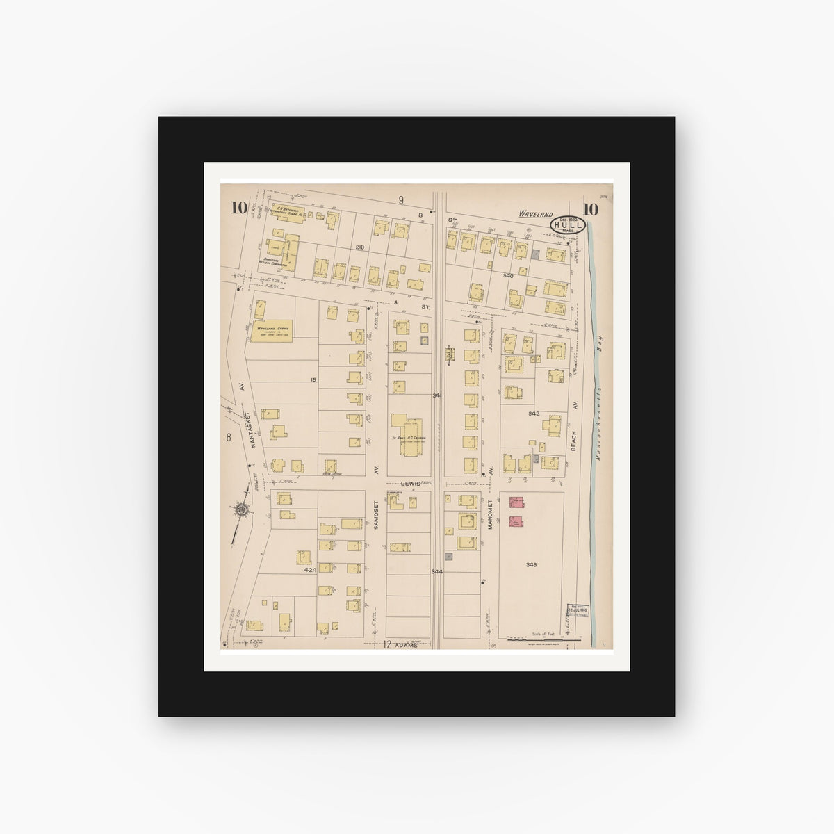 Old map wall art mockup — black gallery frame with white mat — Sanborn Fire Insurance Map from Hull, Plymouth County, Massachusetts (1922), Sheet #0010