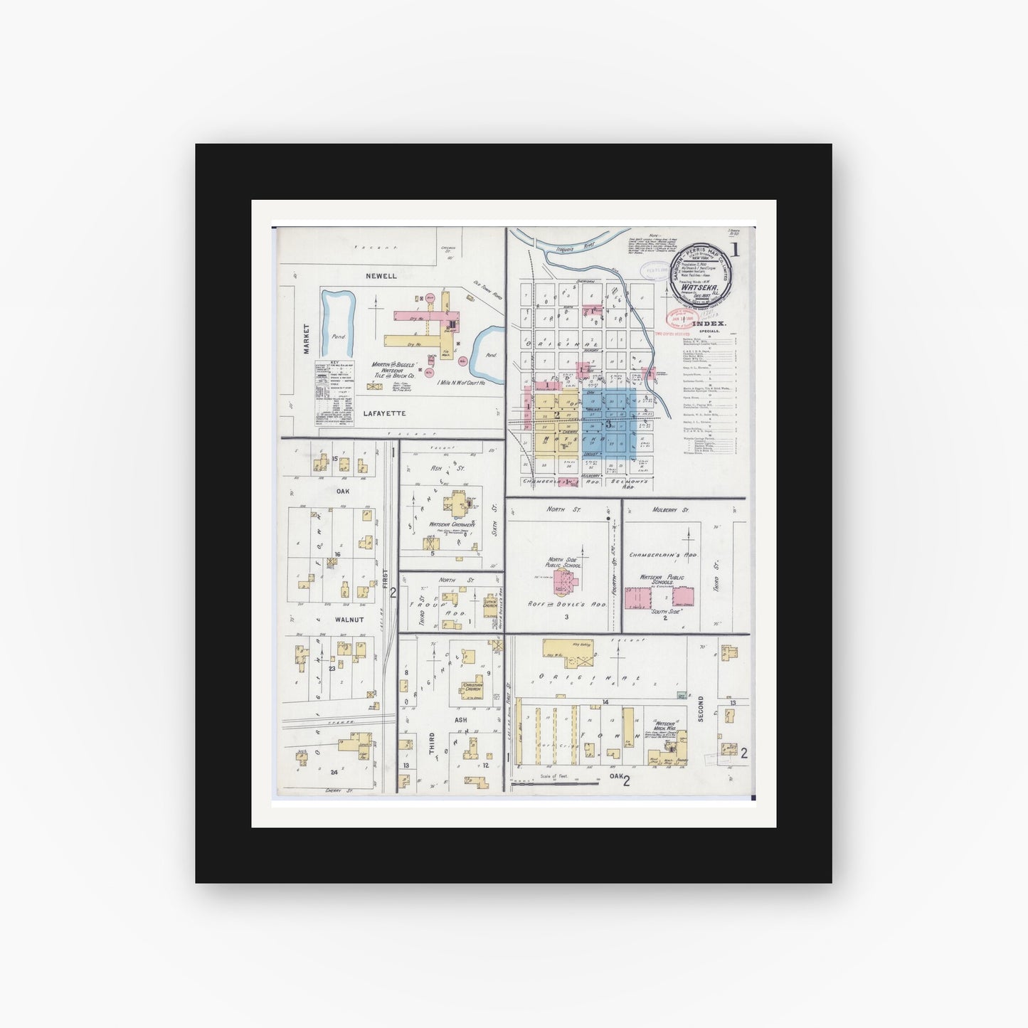 Old map wall art mockup — black gallery frame with white mat — Sanborn Fire Insurance Map from Watseka, Iroquois County, Illinois (1897) - Complete Map Set