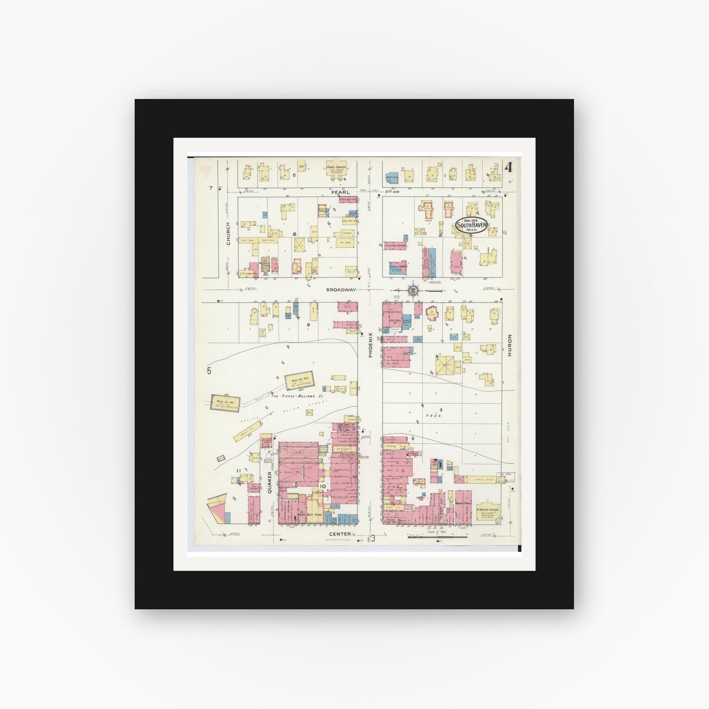 Old map wall art mockup — black gallery frame with white mat — Sanborn Fire Insurance Map from South Haven, Van Buren County, Michigan (1916), Sheet #0004