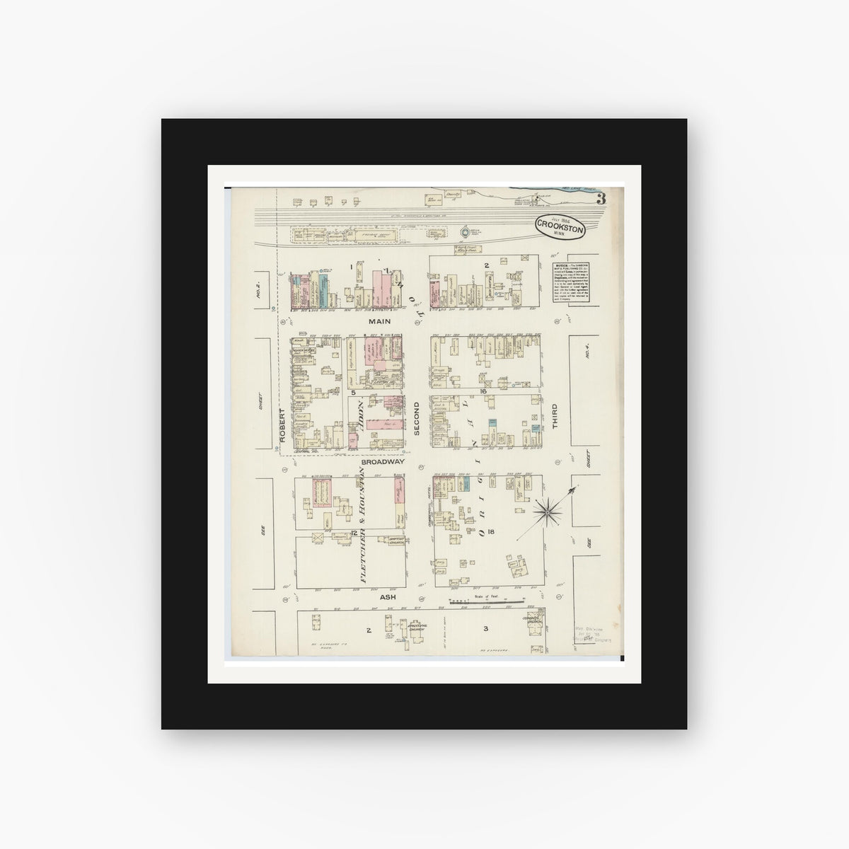 Old map wall art mockup — black gallery frame with white mat — Sanborn Fire Insurance Map from Crookston, Polk County, Minnesota (1884), Sheet #0003