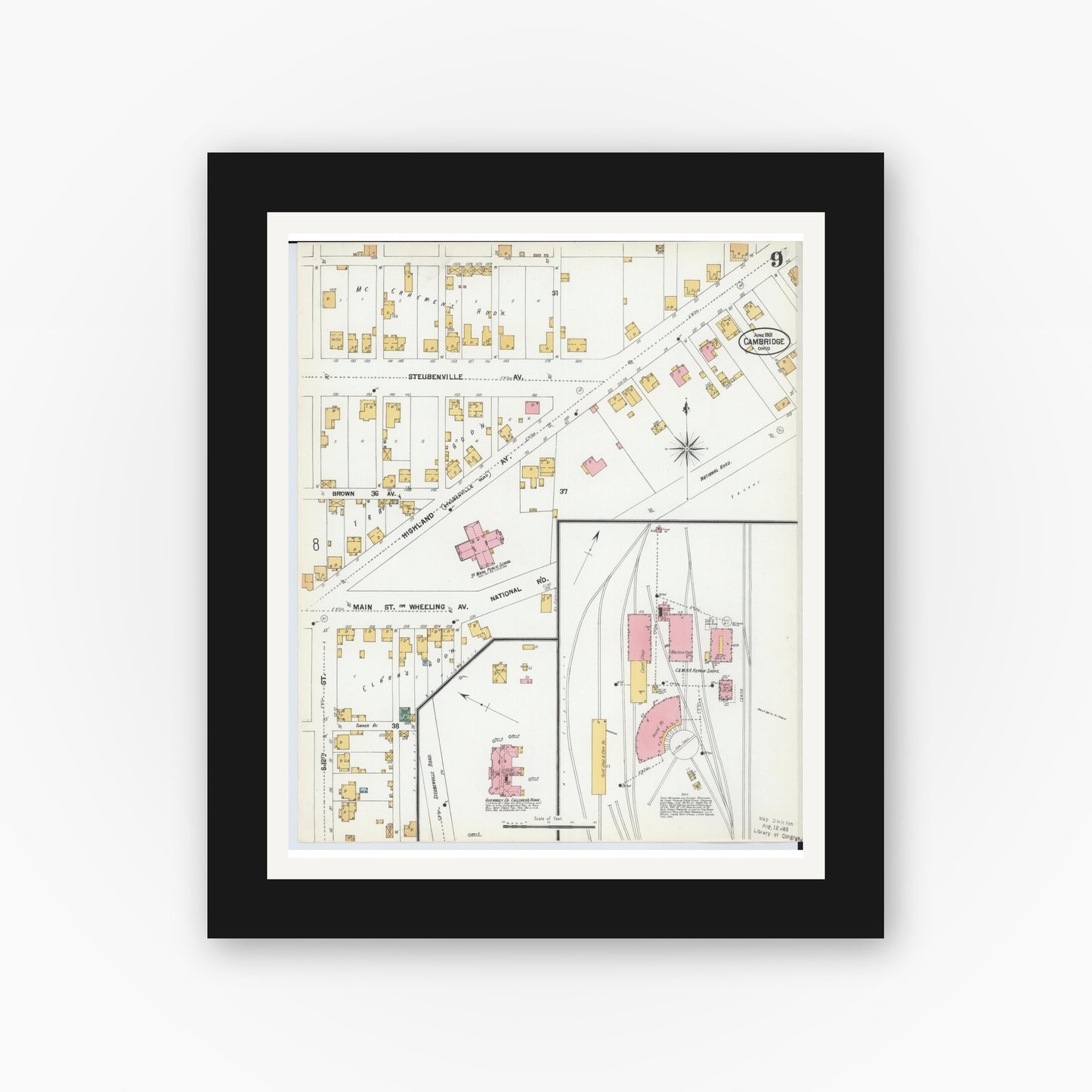 Old map wall art mockup — black gallery frame with white mat — Sanborn Fire Insurance Map from Cambridge, Guernsey County, Ohio (1901), Sheet #0009