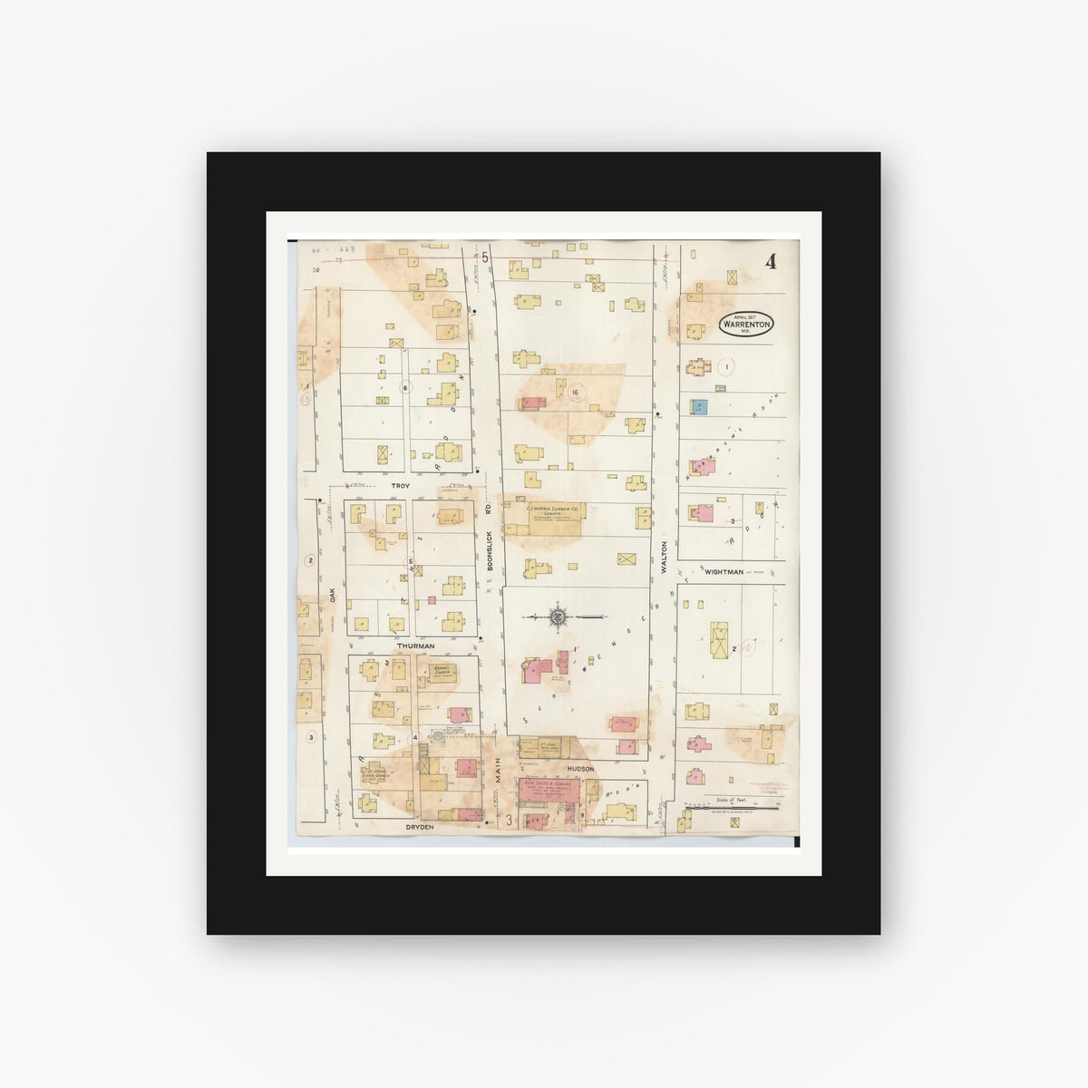 Old map wall art mockup — black gallery frame with white mat — Sanborn Fire Insurance Map from Warrenton, Warren County, Missouri (1932), Sheet #0004