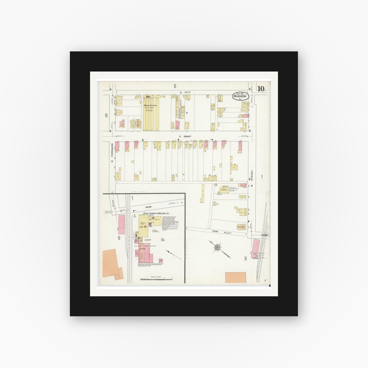 Old map wall art mockup — black gallery frame with white mat — Sanborn Fire Insurance Map from Manheim, Lancaster County, Pennsylvania (1912), Sheet #0010