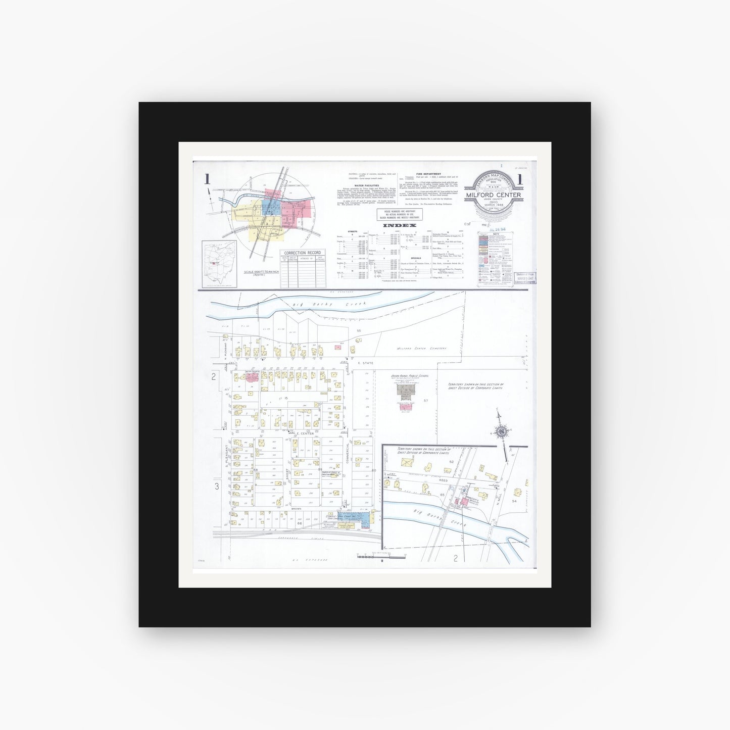 Old map wall art mockup β black gallery frame with white mat β Sanborn Fire Insurance Map from Milford Center, Union County, Ohio (1946) - Complete Map Set