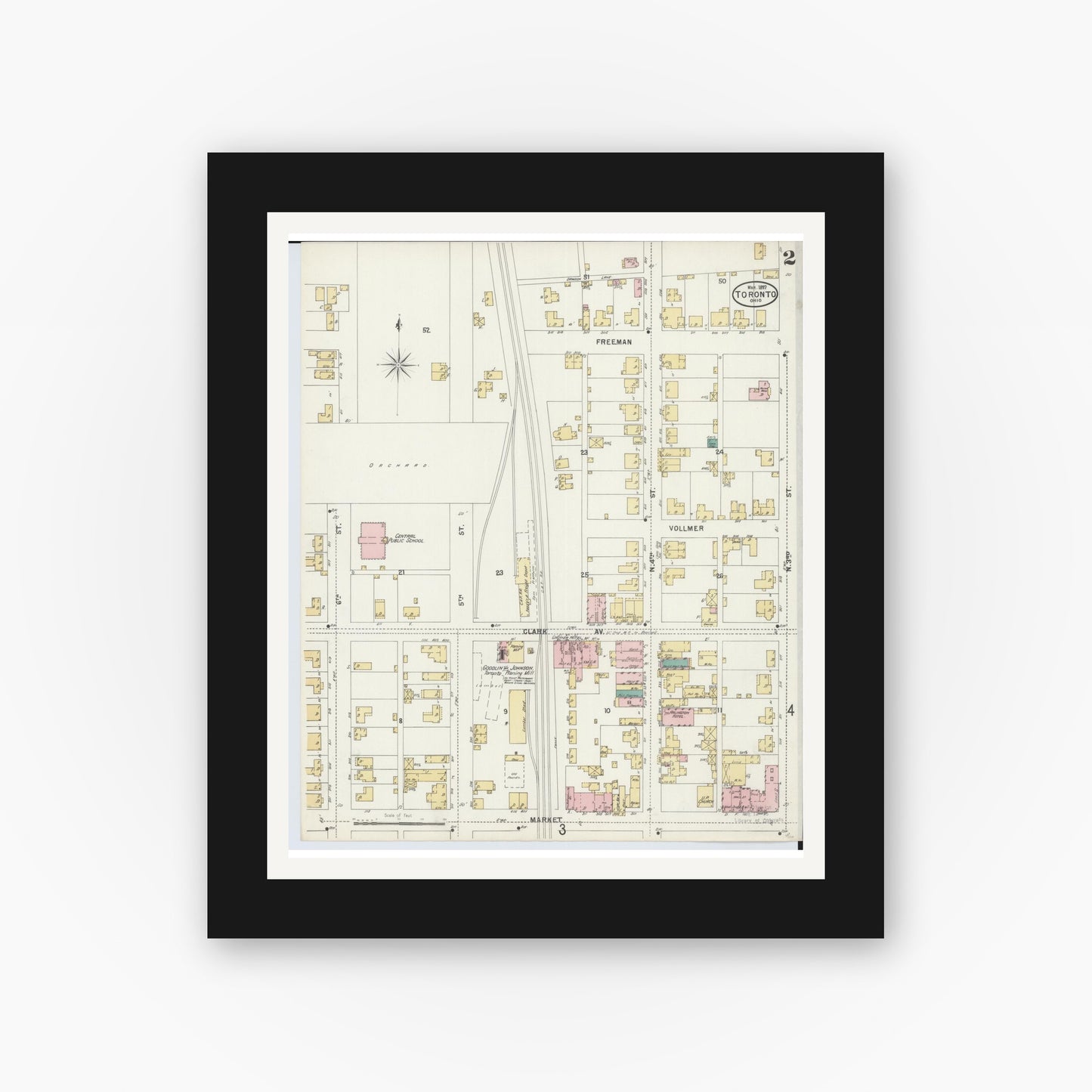 Old map wall art mockup — black gallery frame with white mat — Sanborn Fire Insurance Map from Toronto, Jefferson County, Ohio (1897), Sheet #0002