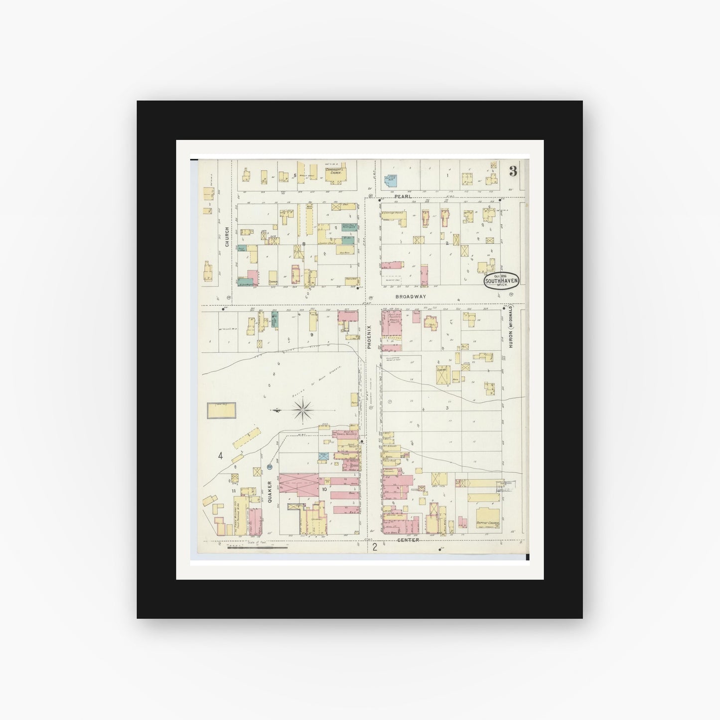 Old map wall art mockup — black gallery frame with white mat — Sanborn Fire Insurance Map from South Haven, Van Buren County, Michigan (1896), Sheet #0003