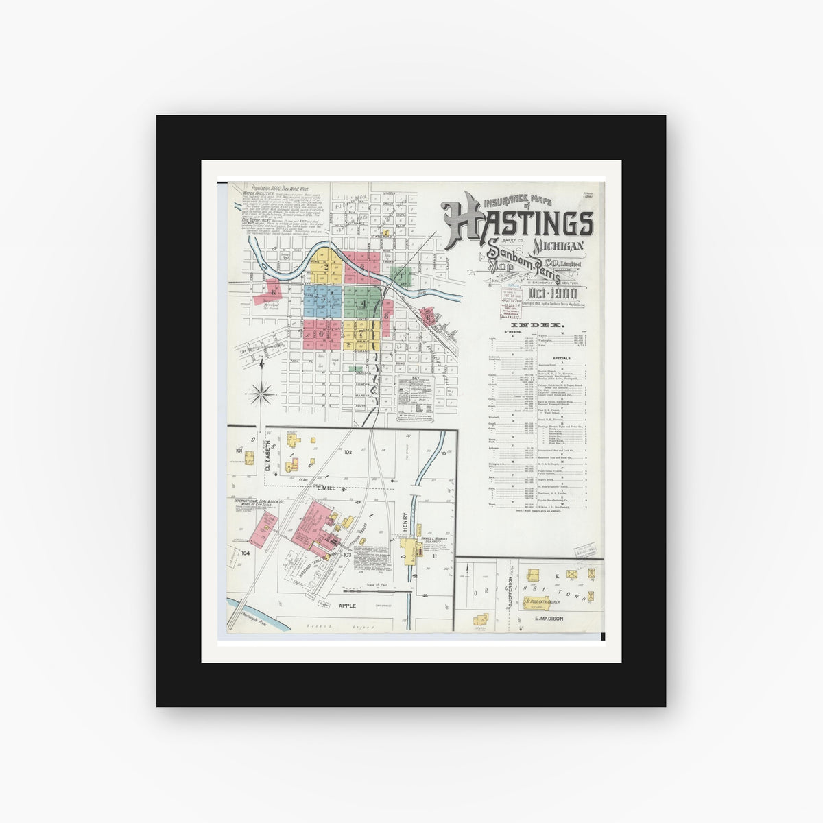 Old map wall art mockup — black gallery frame with white mat — Sanborn Fire Insurance Map from Hastings, Barry County, Michigan (1900) - Complete Map Set
