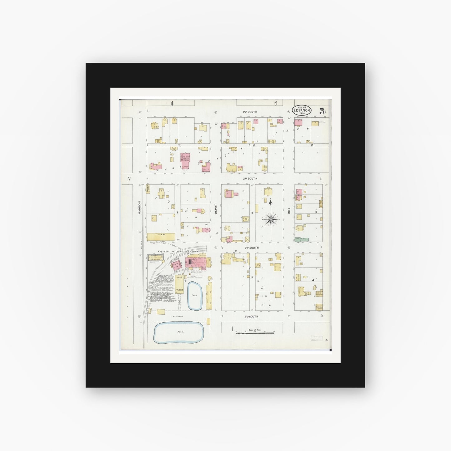 Old map wall art mockup — black gallery frame with white mat — Sanborn Fire Insurance Map from Lebanon, Saint Clair County, Illinois (1906), Sheet #0005