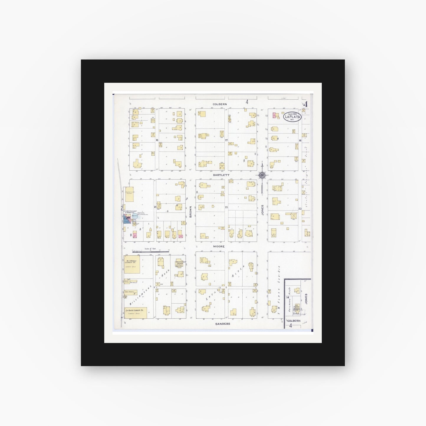 Old map wall art mockup — black gallery frame with white mat — Sanborn Fire Insurance Map from La Plata, Macon County, Missouri (1909), Sheet #0004