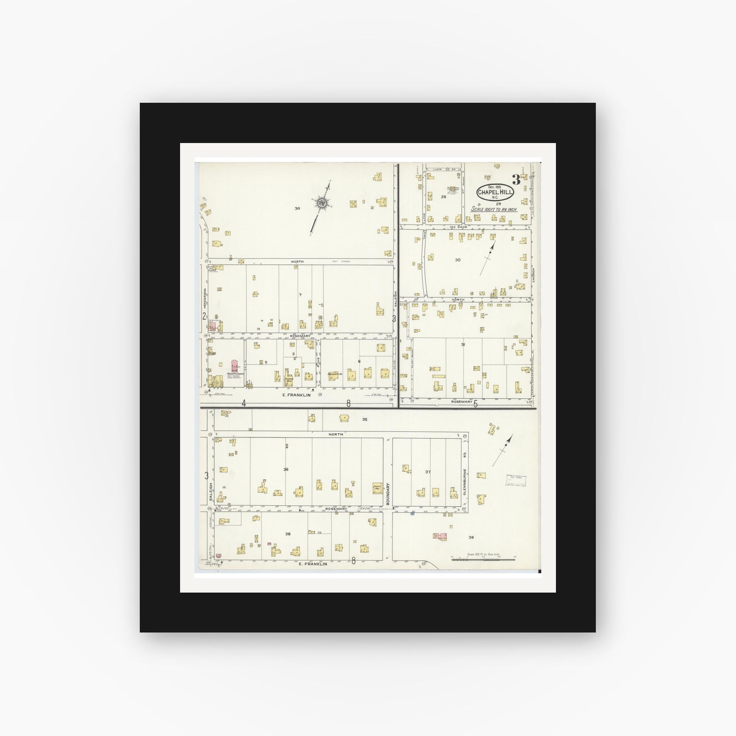 Old map wall art mockup — black gallery frame with white mat — Sanborn Fire Insurance Map from Chapel Hill, Orange County, North Carolina (1915), Sheet #0003