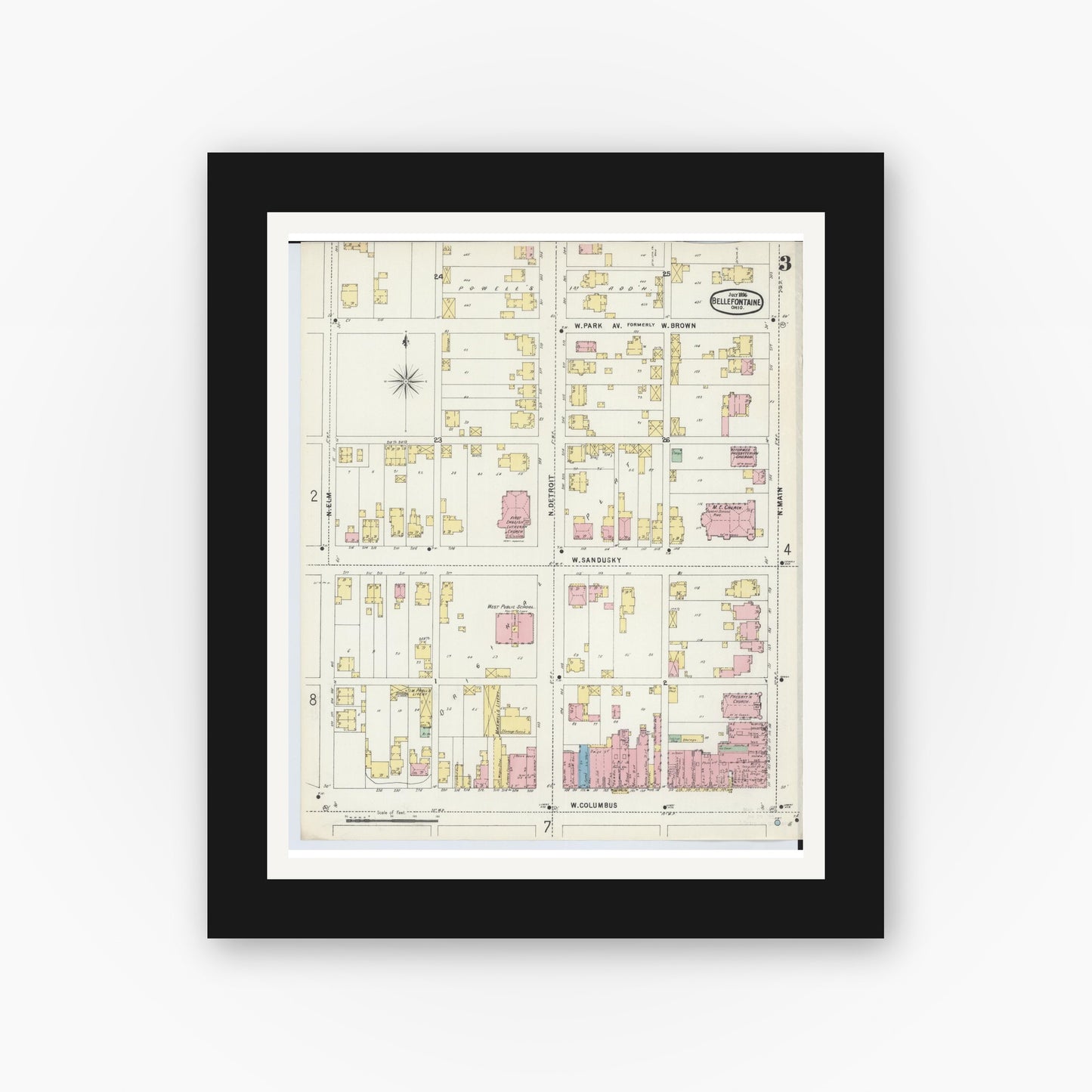 Old map wall art mockup — black gallery frame with white mat — Sanborn Fire Insurance Map from Bellefontaine, Logan County, Ohio (1896), Sheet #0003