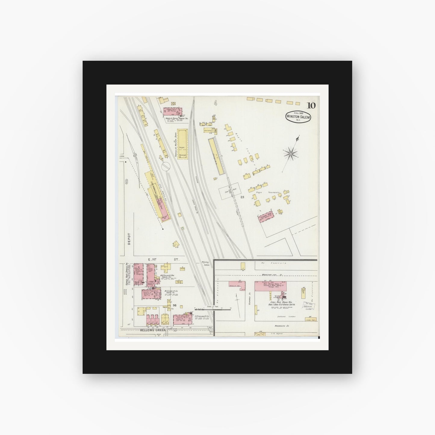 Old map wall art mockup — black gallery frame with white mat — Sanborn Fire Insurance Map from Winston-Salem, Forsyth County, North Carolina (1895), Sheet #0010