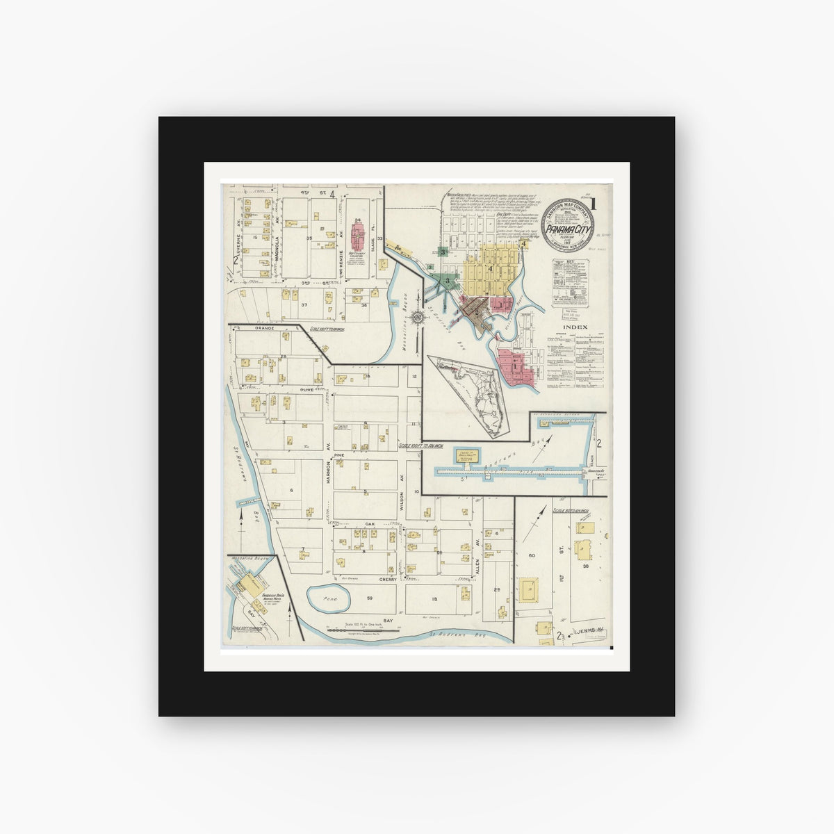 Old map wall art mockup — black gallery frame with white mat — Sanborn Fire Insurance Map from Panama City, Bay County, Florida (1917), Sheet #0001