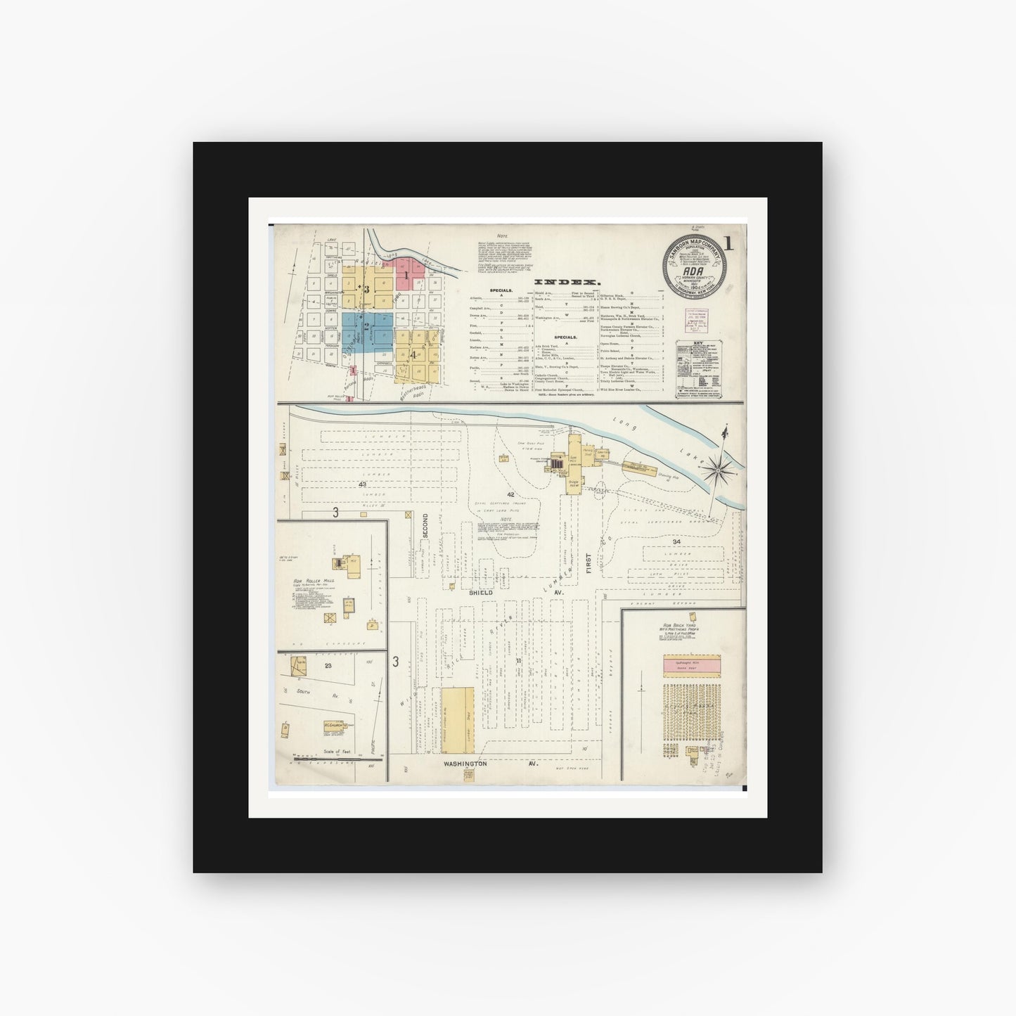 Old map wall art mockup — black gallery frame with white mat — Sanborn Fire Insurance Map from Ada, Norman County, Minnesota (1904), Sheet #0001