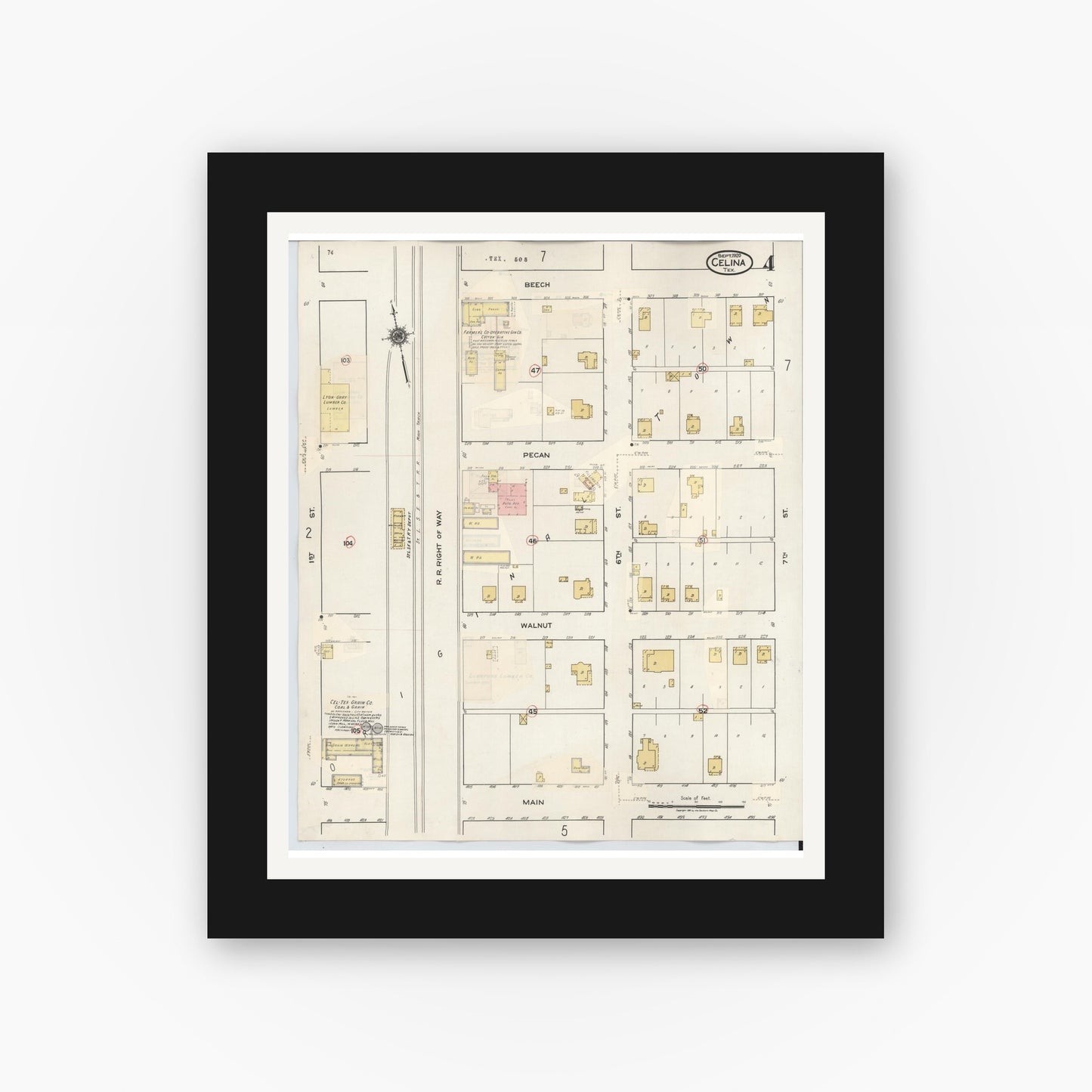 Old map wall art mockup — black gallery frame with white mat — Sanborn Fire Insurance Map from Celina, Collin County, Texas (1944), Sheet #0004