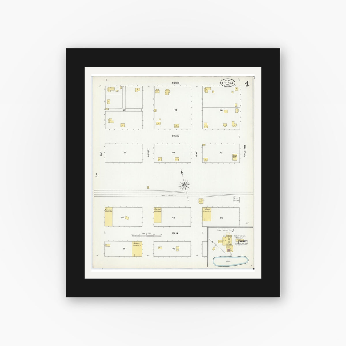 Old map wall art mockup — black gallery frame with white mat — Sanborn Fire Insurance Map from Forney, Kaufman County, Texas (1901), Sheet #0004