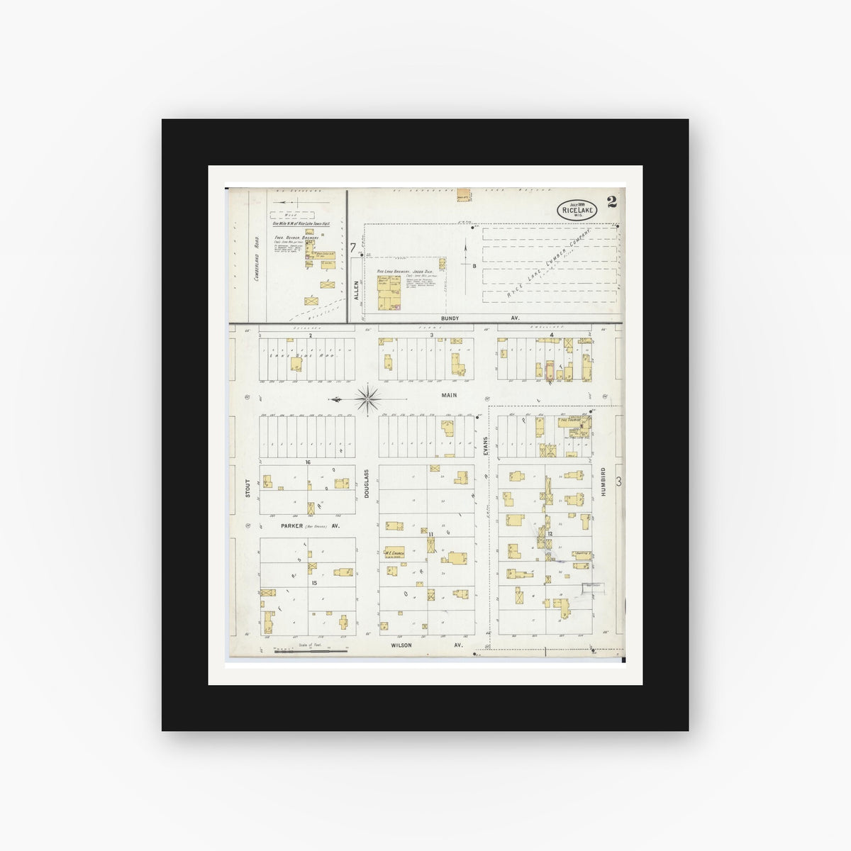 Old map wall art mockup — black gallery frame with white mat — Sanborn Fire Insurance Map from Rice Lake, Barron County, Wisconsin (1899), Sheet #0002