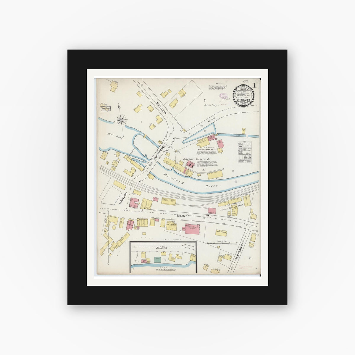 Old map wall art mockup — black gallery frame with white mat — Sanborn Fire Insurance Map from Uxbridge, Worcester County, Massachusetts (1893) - Complete Map Set