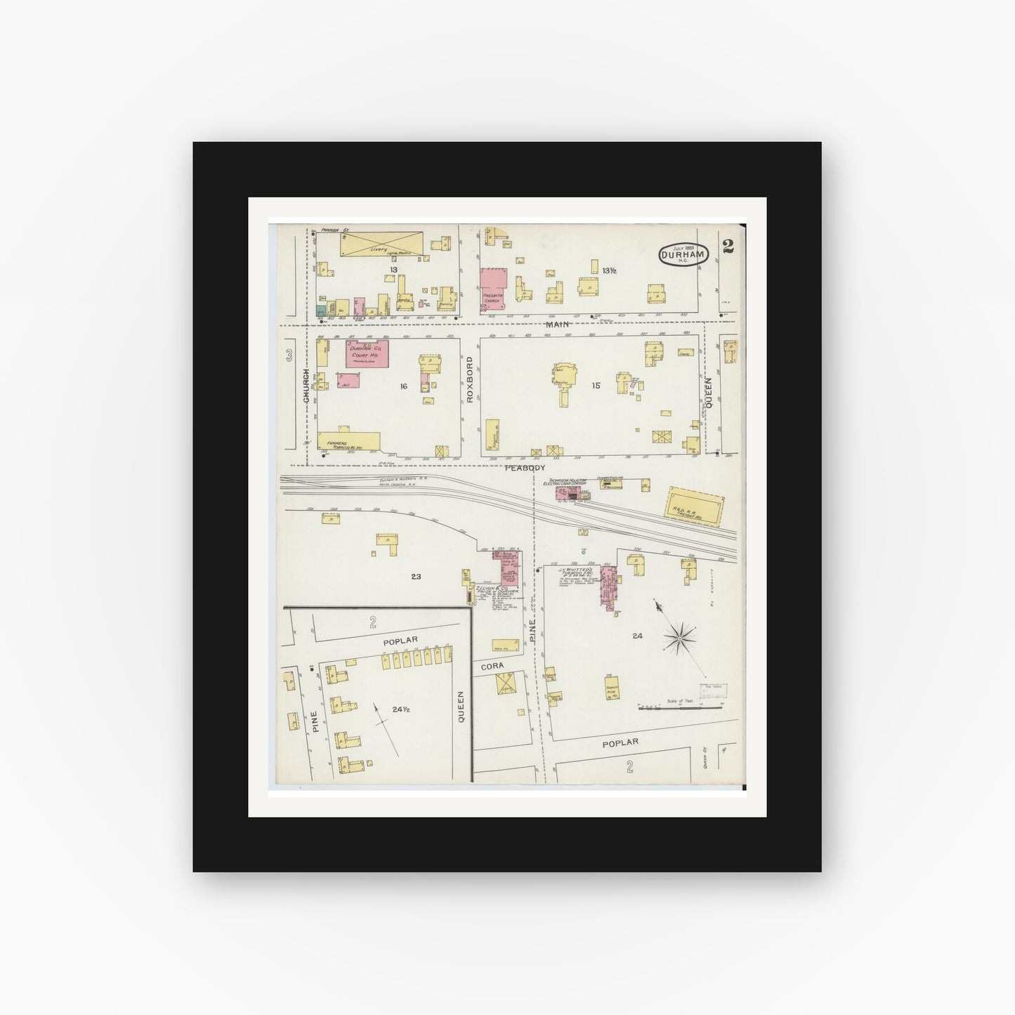 Old map wall art mockup — black gallery frame with white mat — Sanborn Fire Insurance Map from Durham, Durham County, North Carolina (1893), Sheet #0002