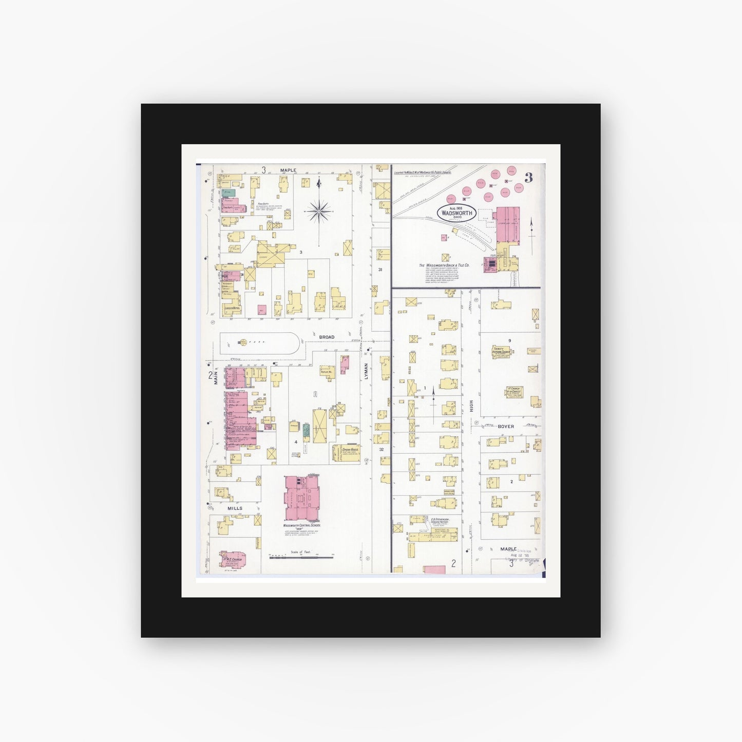 Old map wall art mockup — black gallery frame with white mat — Sanborn Fire Insurance Map from Wadsworth, Medina County, Ohio (1908), Sheet #0003