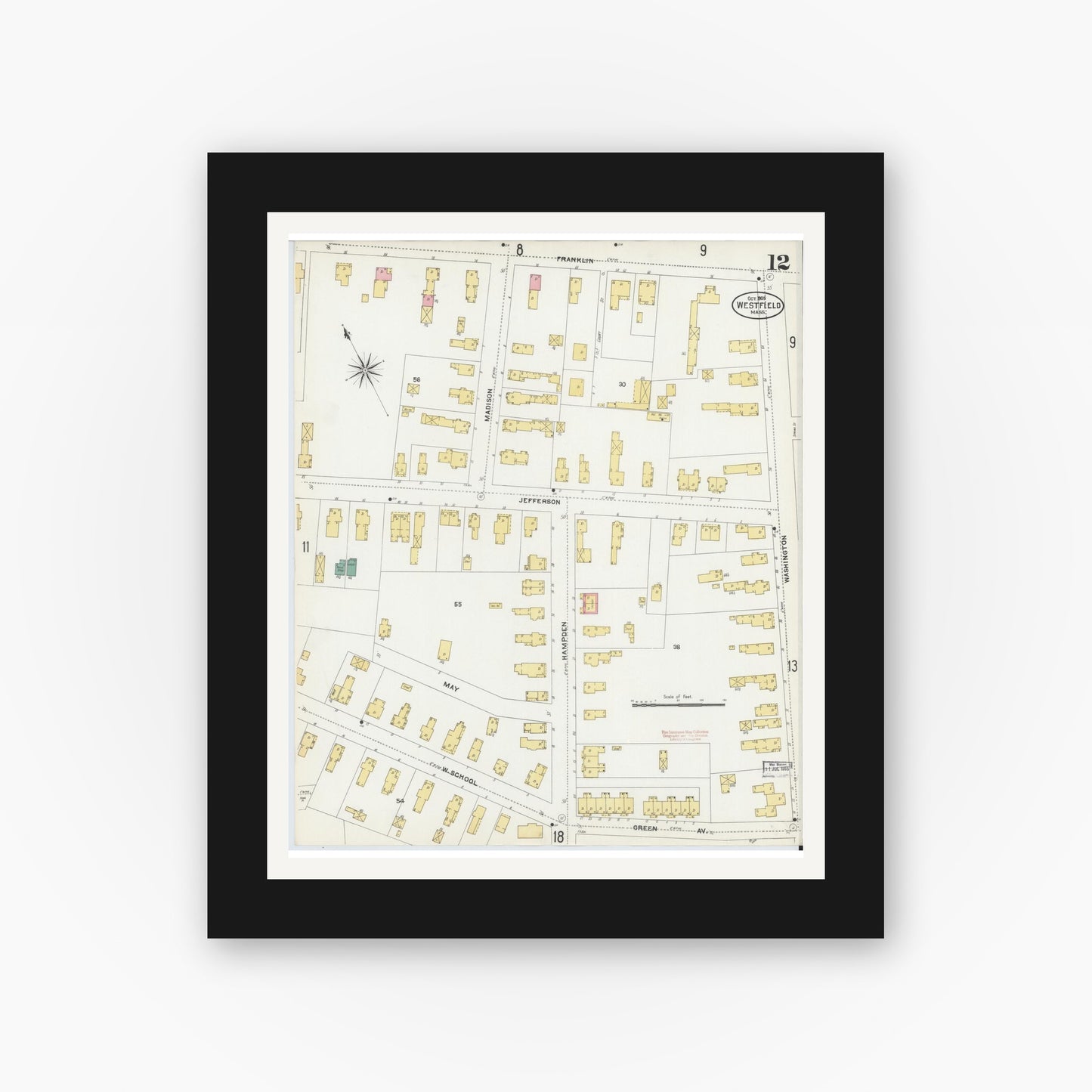 Old map wall art mockup — black gallery frame with white mat — Sanborn Fire Insurance Map from Westfield, Hampden County, Massachusetts (1905), Sheet #0012