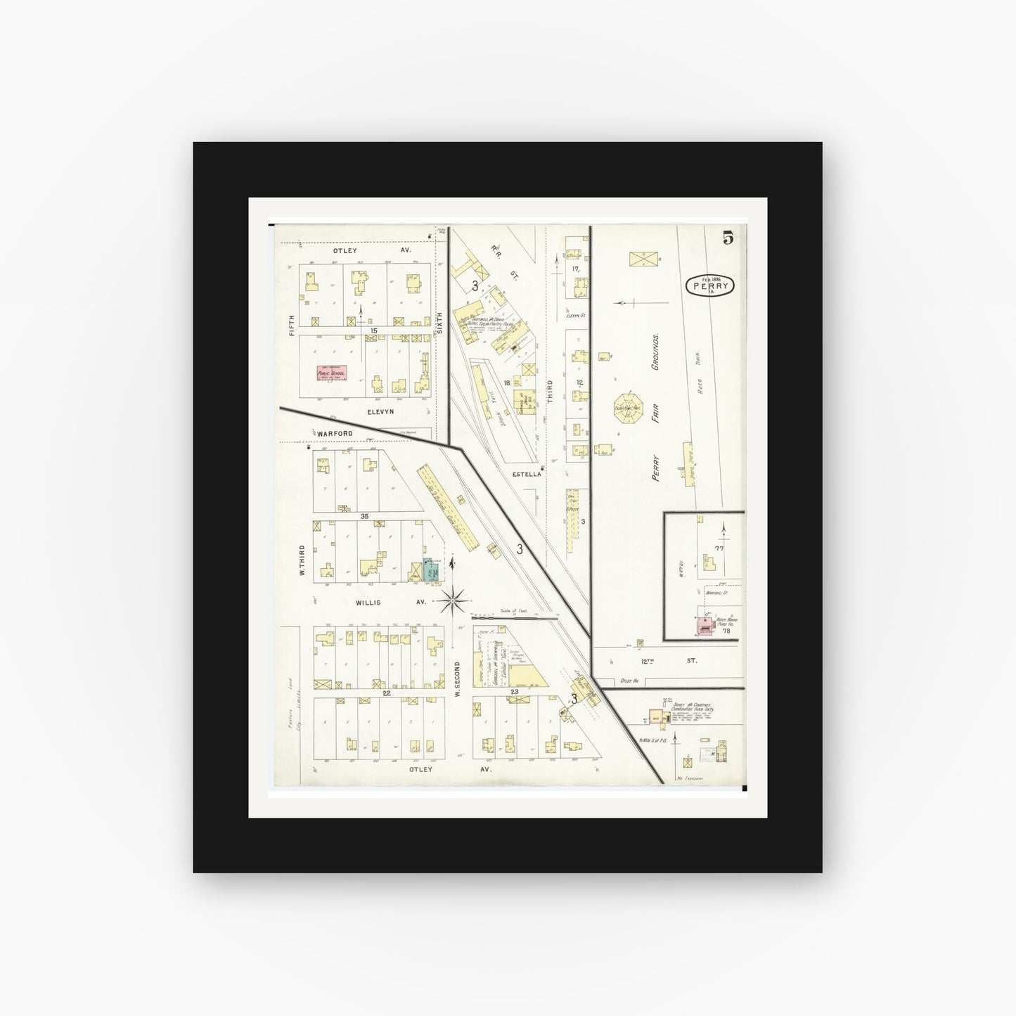 Old map wall art mockup β black gallery frame with white mat β Sanborn Fire Insurance Map from Perry, Dallas County, Iowa (1896), Sheet #0005