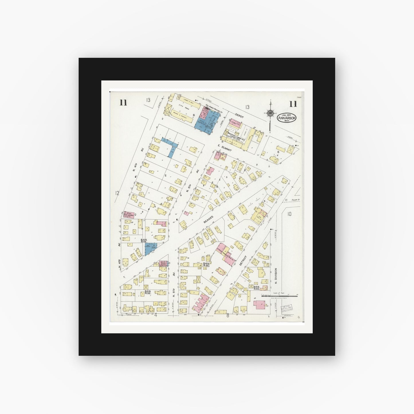 Old map wall art mockup — black gallery frame with white mat — Sanborn Fire Insurance Map from Ann Arbor, Washtenaw County, Michigan (1925), Sheet #0011