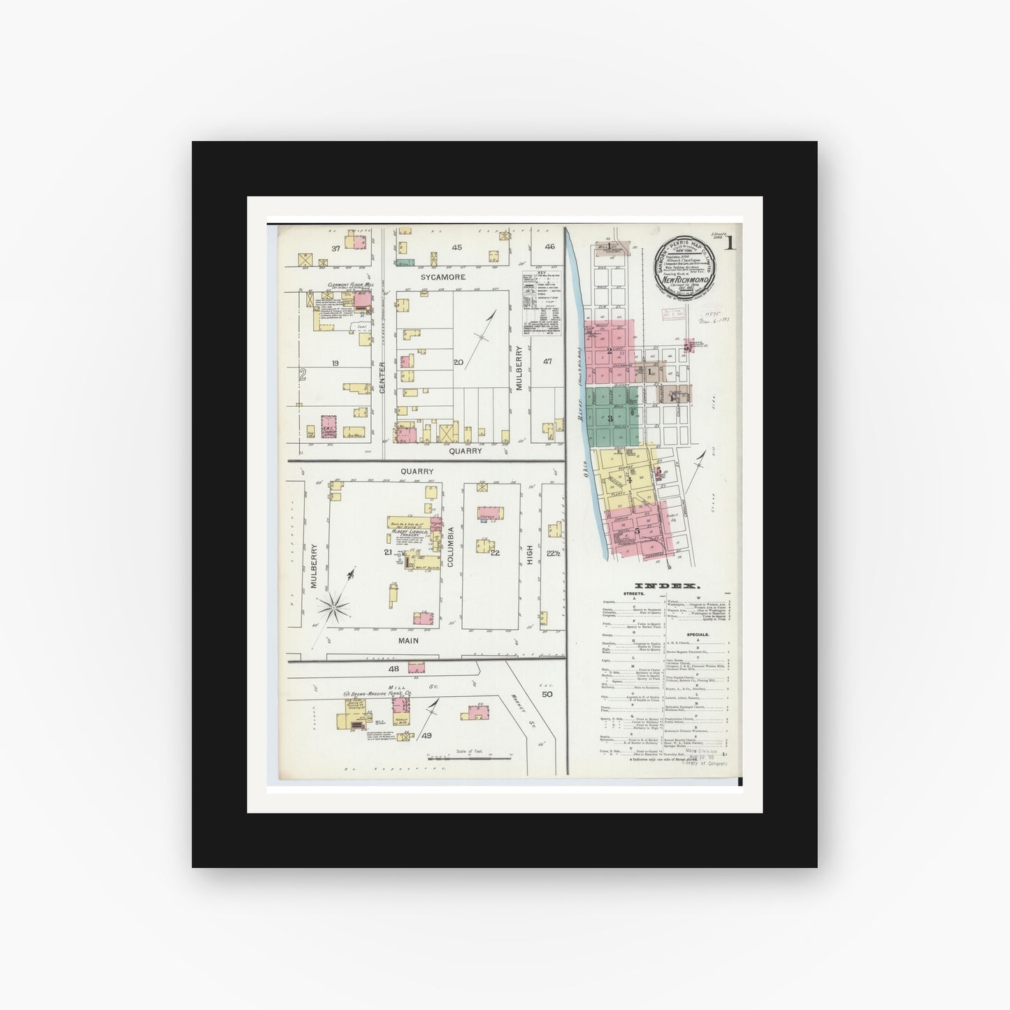 Old map wall art mockup — black gallery frame with white mat — Sanborn Fire Insurance Map from New Richmond, Clermont County, Ohio (1892), Sheet #0001